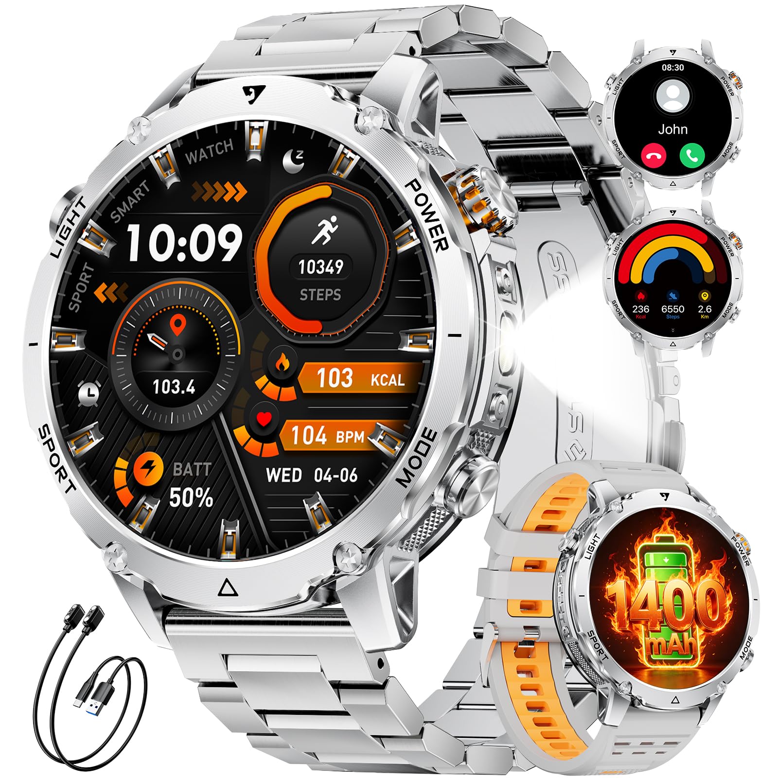 1400mAh Batteria Smartwatch Uomo, 1.7'' Militare Smartwatch con Chiamata Bluetooth,100+ Modalità Sportive,IP68 Orologio Fitness,Cardiofrequenzimetro/Sonno,Torcia LED Orologio per Android iOS,Argento
