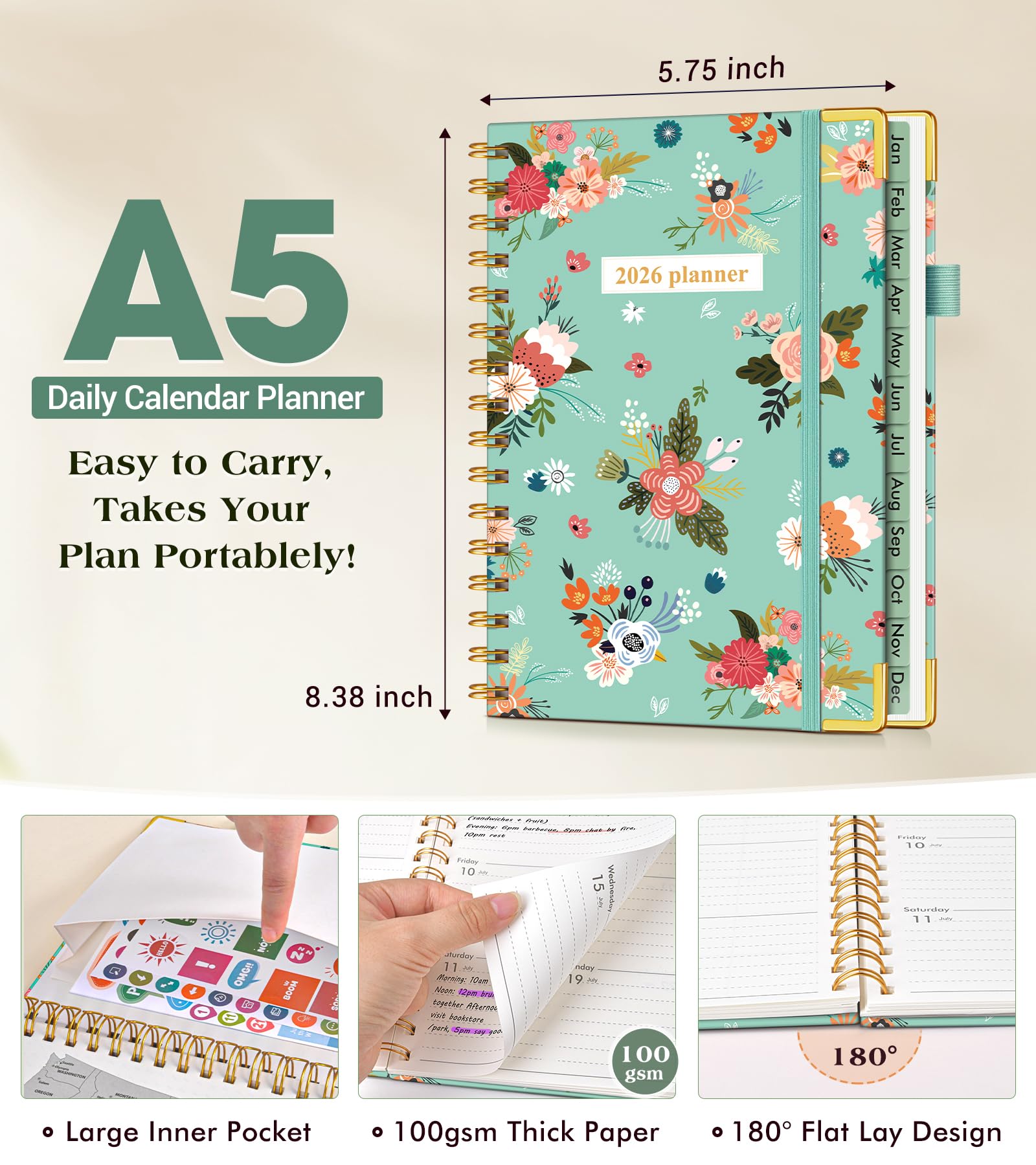 A5 Niedlicher Spiralplaner 2026, Januar 2026 - Dezember 2026 Planer, 12 Monate Tagesplaner, 14,6 x 21,3 cm, Wochen- und Monats-Agenda-Buch, Hardcover Kalender Planer Notizbuch für Arbeit, Schule