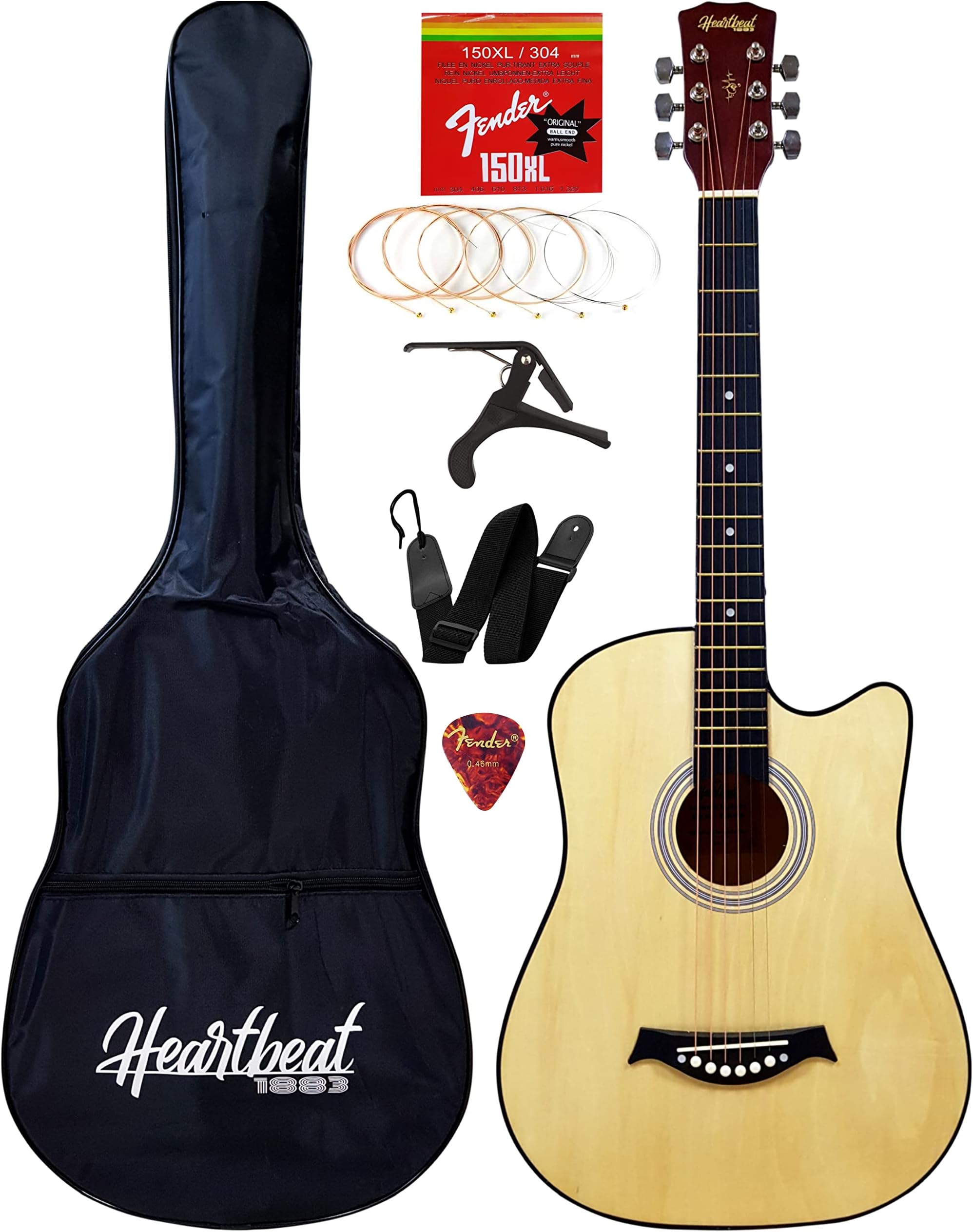 38" Heartbeat Acoustic Guitar Solid Wood, Low Action with Bag+ Belt+ Pick+ Capo+ set string. (Matte Natural)