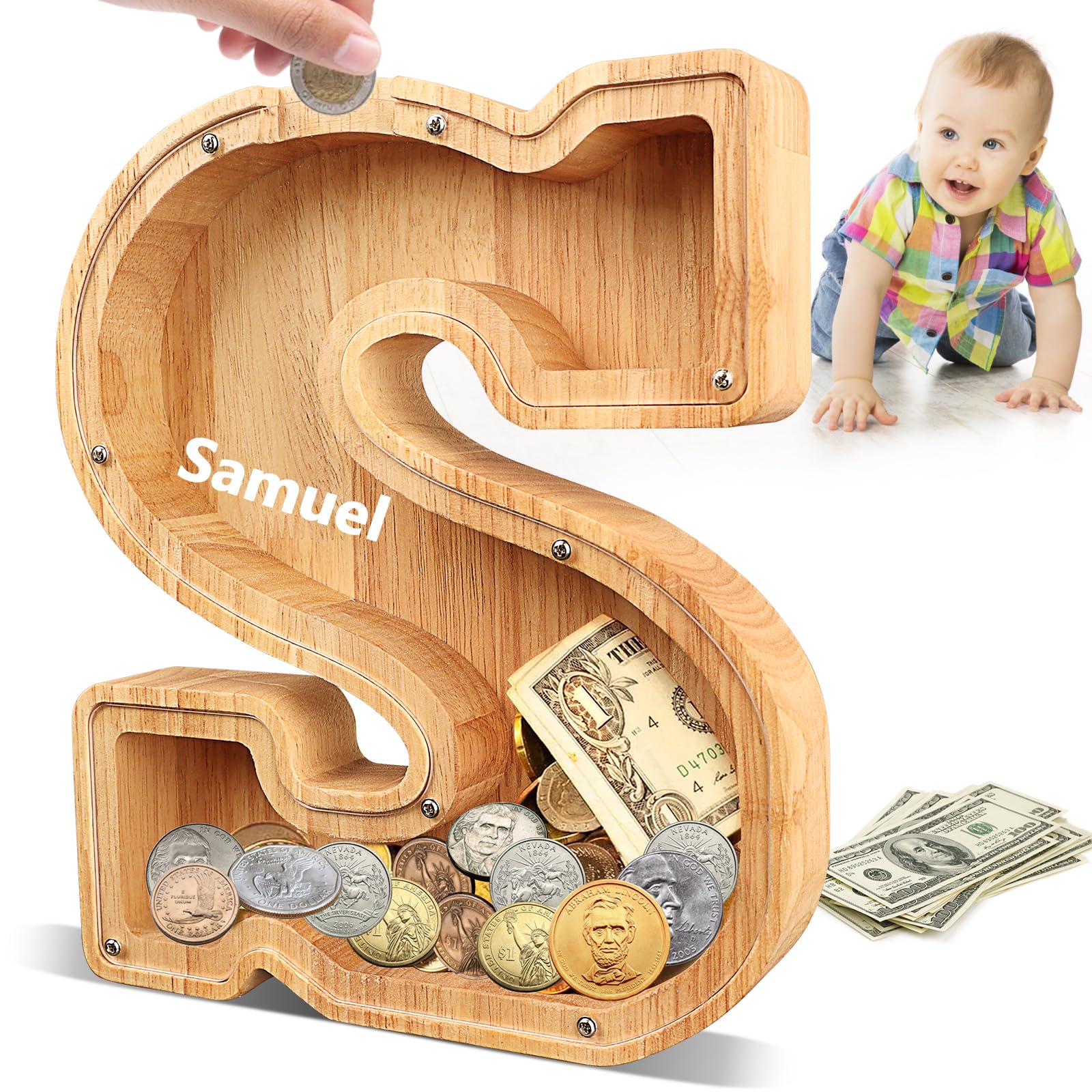 Demiwise Wooden Piggy Bank, 26 Alphabet Personalized Letter Piggy Bank for Kids Boys Girls, Piggy Bank Toy, Coin Bank Money Box, DIY Name Birthday Room Decoration(S)