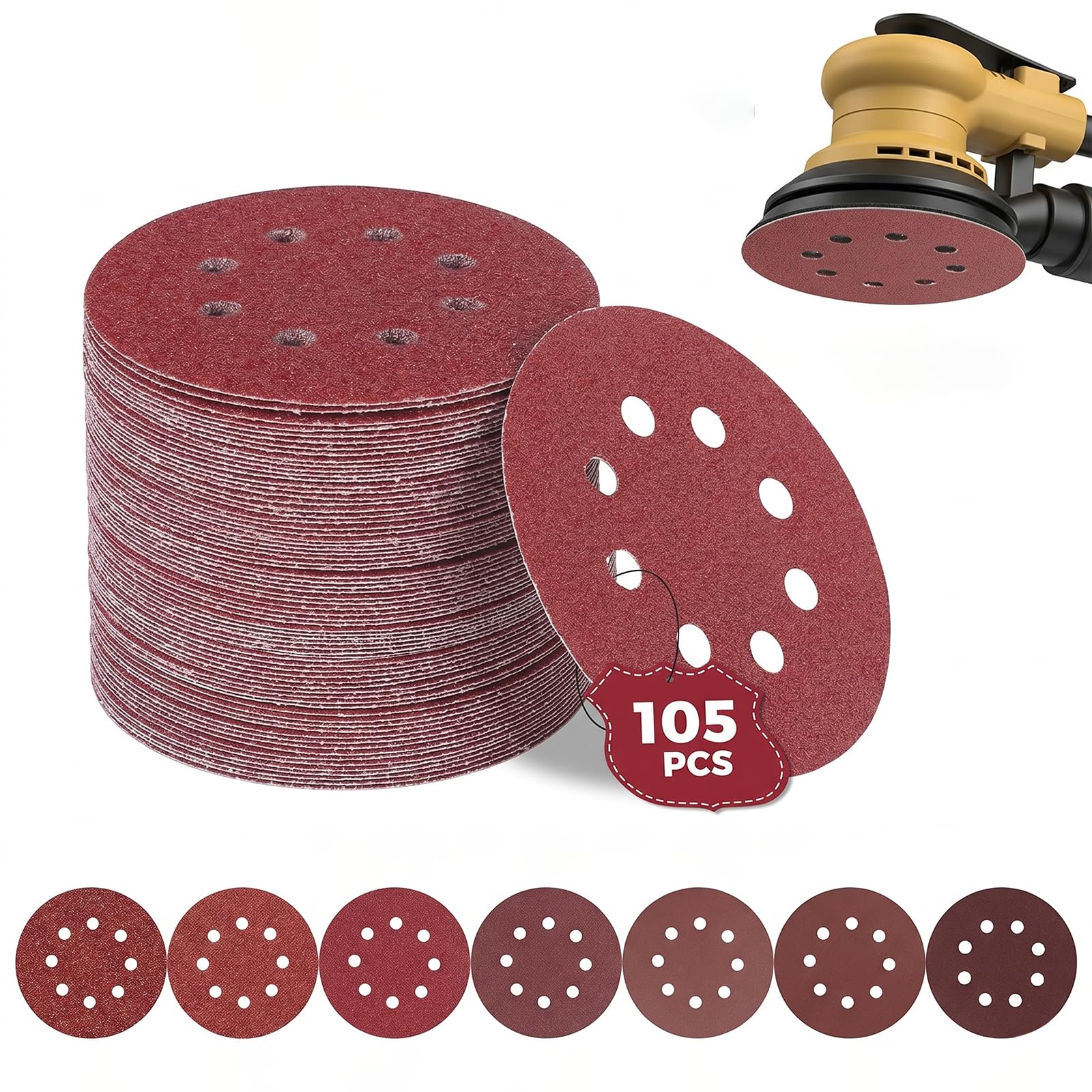 Set di carta vetrata da 105 pezzi, 125 mm, fissaggio con , dischi abrasivi a 8 fori per levigatrice orbitale orbitale - 7 gradazioni (P40/60/100/150/240/320/600), 15 pezzi ciascuno – autoadesivo