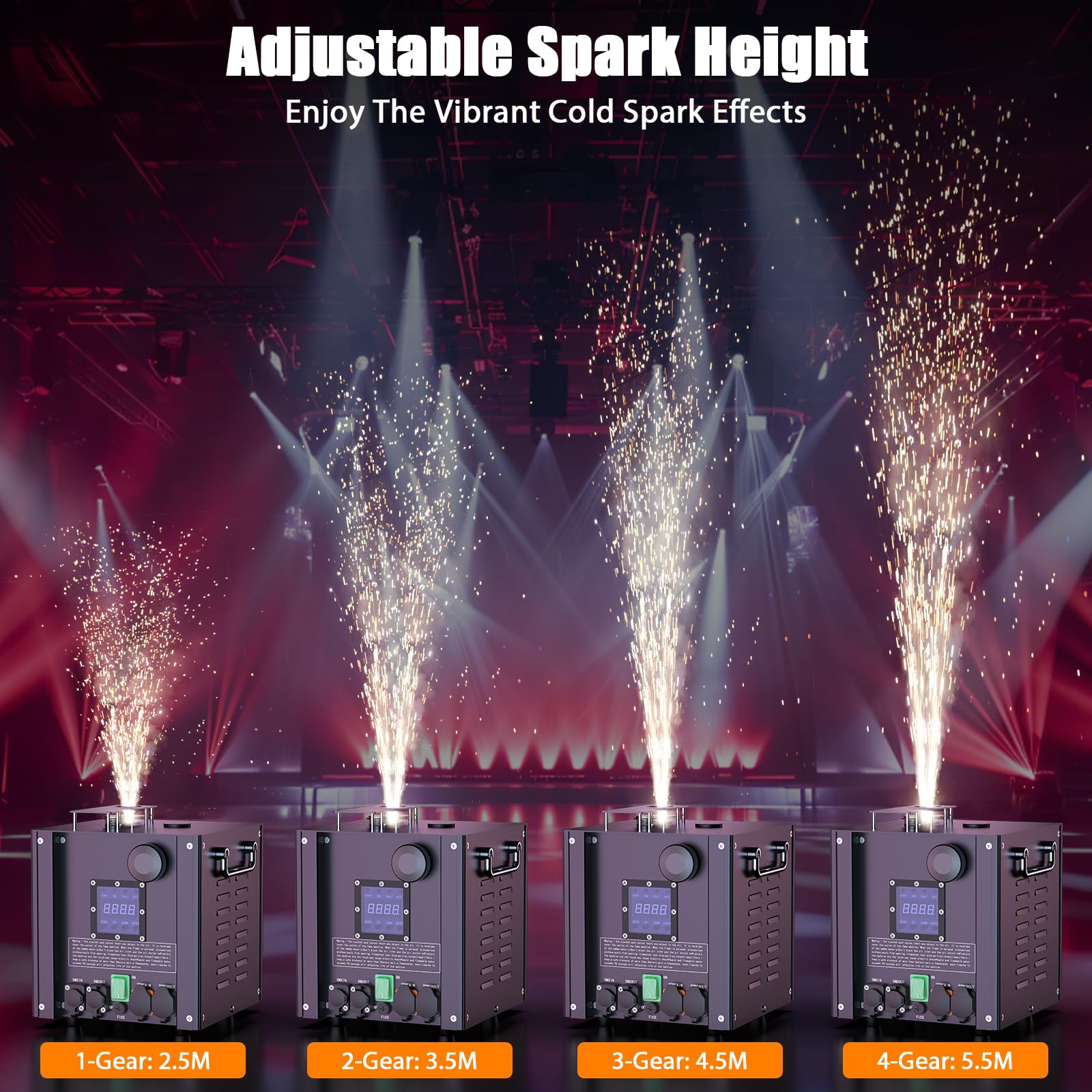 750W Wasserdichte Pyrotechnikmaschinen Elektronische Kaltfunken-Effektmaschine, LCD-Display d-mx512 & Funkfernbedienung für Bühne Hochzeit Party DJ Halloween Weihnachten (2 Stück mit Flightcase)