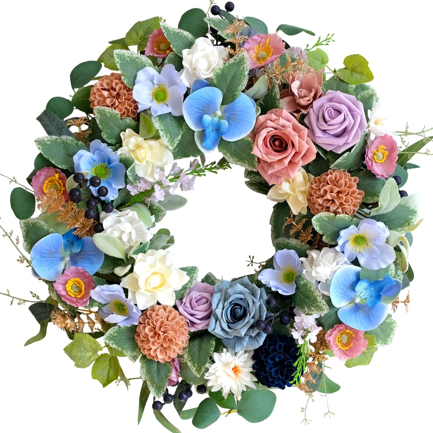 22 inch Summer Wreath Blue Phalaenopsis Rose Green Leaf Wreath Spring Summer Front Door Porch Patio Decoration Holiday Party Wedding Decoration