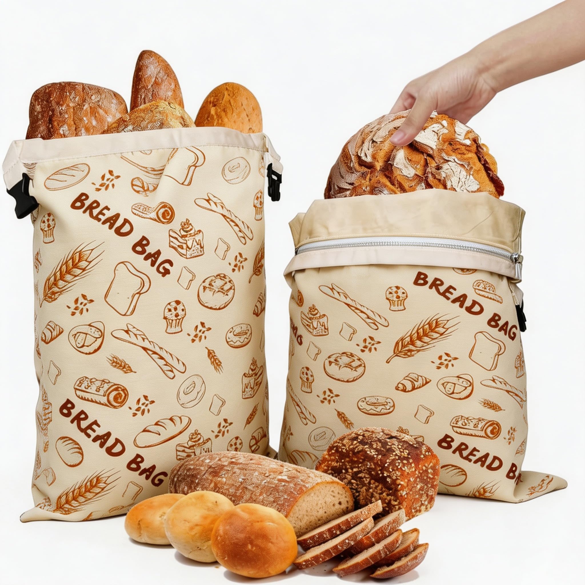 Sacchetti per pane in cera d'api riutilizzabili in cotone biologico per pane fatto in casa, 43 x 33 cm, in cera d'api naturale, ecologici, di grandi dimensioni, con cerniera, per pasta madre