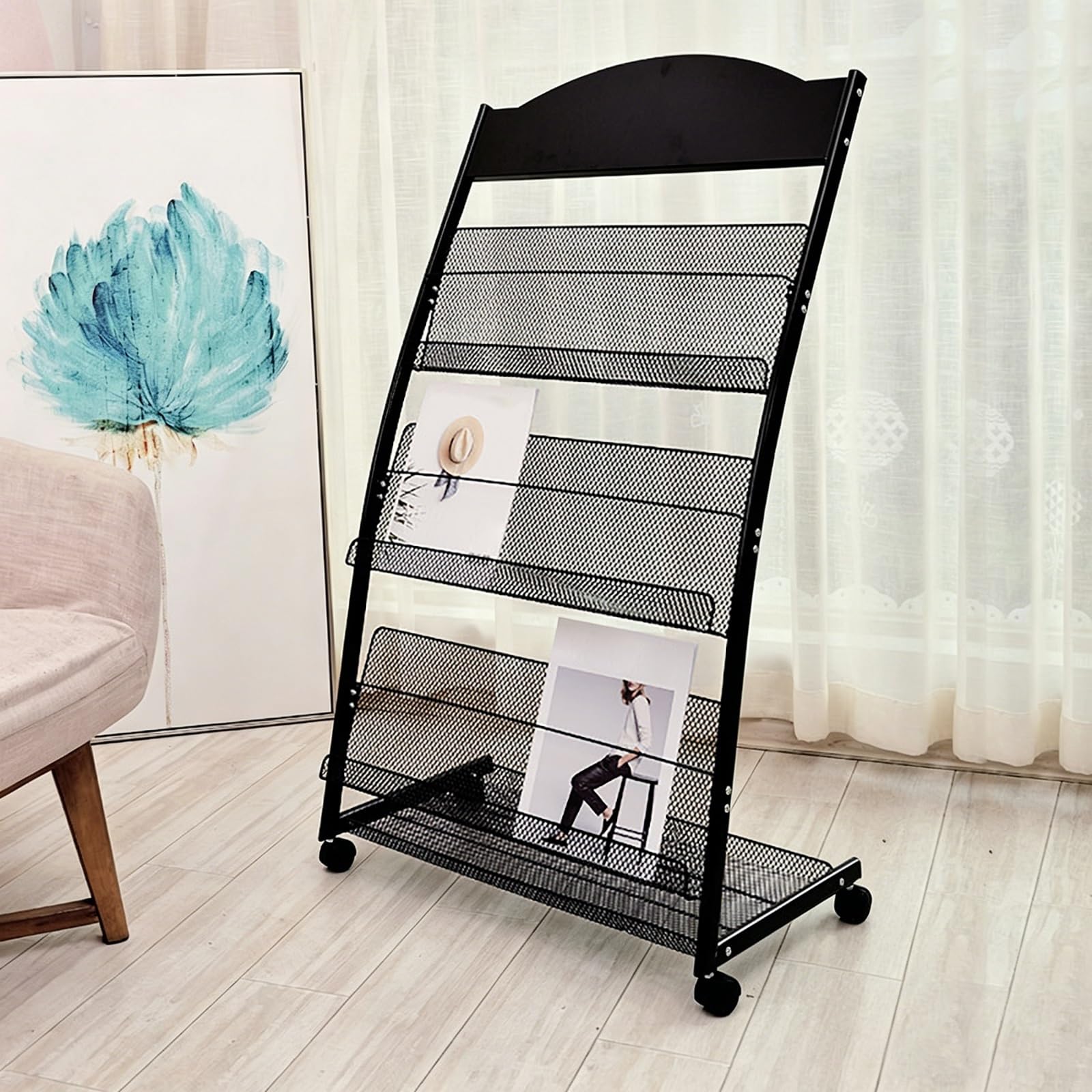 Porte-revues, Porte-revues Sur Pied Avec Roues, Présentoir De Brochures En Maille Métallique(Black)