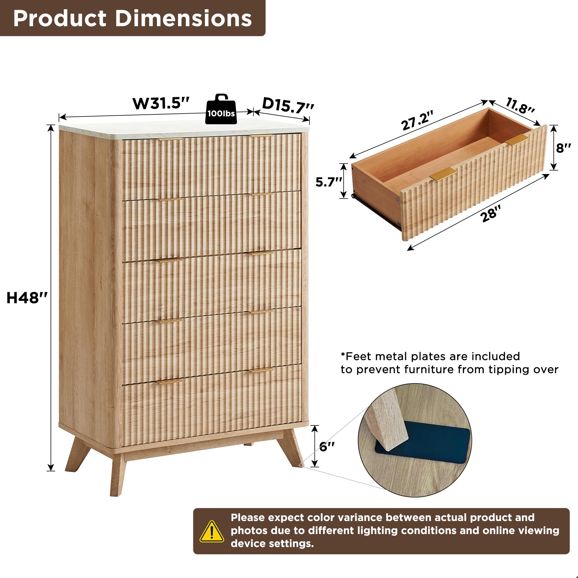 Cassettiera con 5 cassetti, 122 cm, design moderno con scanalature, con piano in melammina effetto marmo, per camera da letto e soggiorno, rovere naturale