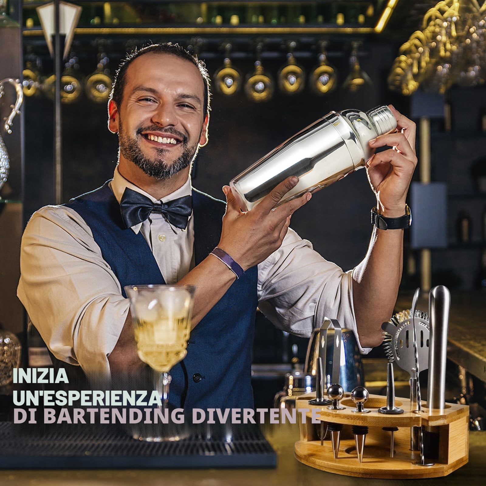 AOKITO Set Cocktail, Kit Cocktail Professionale in Acciaio Inossidabile da 12 Pezzi, Shaker da 750 ml, Kit Barman con Supporto in Legno per La Casa o il Bar