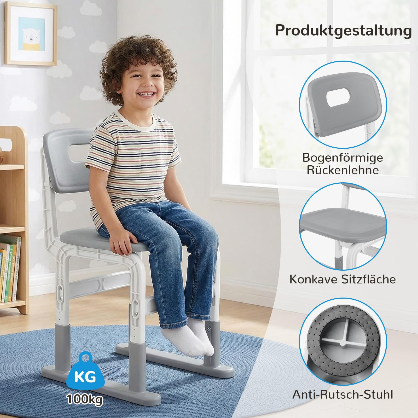 MAMIZO Höhenverstellbarer Kinderschreibtisch mit Stuhl Set, Graffiti-Tisch von 3-12 Jahren, Schreibtisch Kinder mit Seiten-Bücherregal & Ablagekasten, Ideal für Kinderzimmer & Arbeitszimmer (Grau)