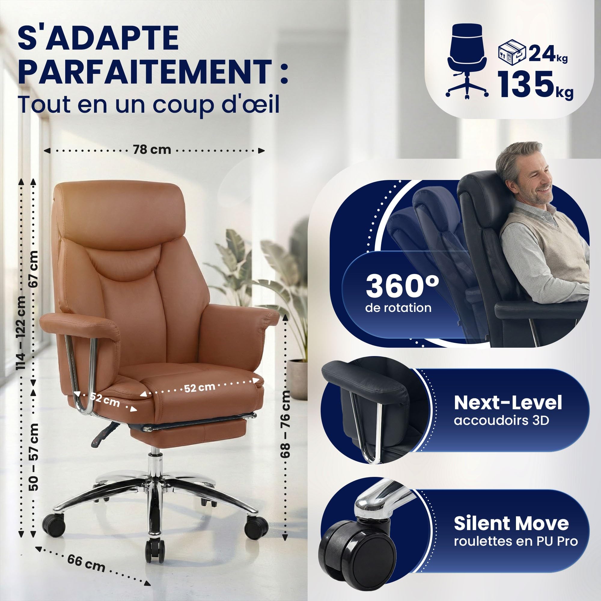 CLP Fauteuil de Bureau Ergonomique avec Repose-Pieds Dahra, Chaise de Bureau rembourree en Cuir veritable, pivotant, Hauteur reglable, Charge 135 kg | Couleur Marron