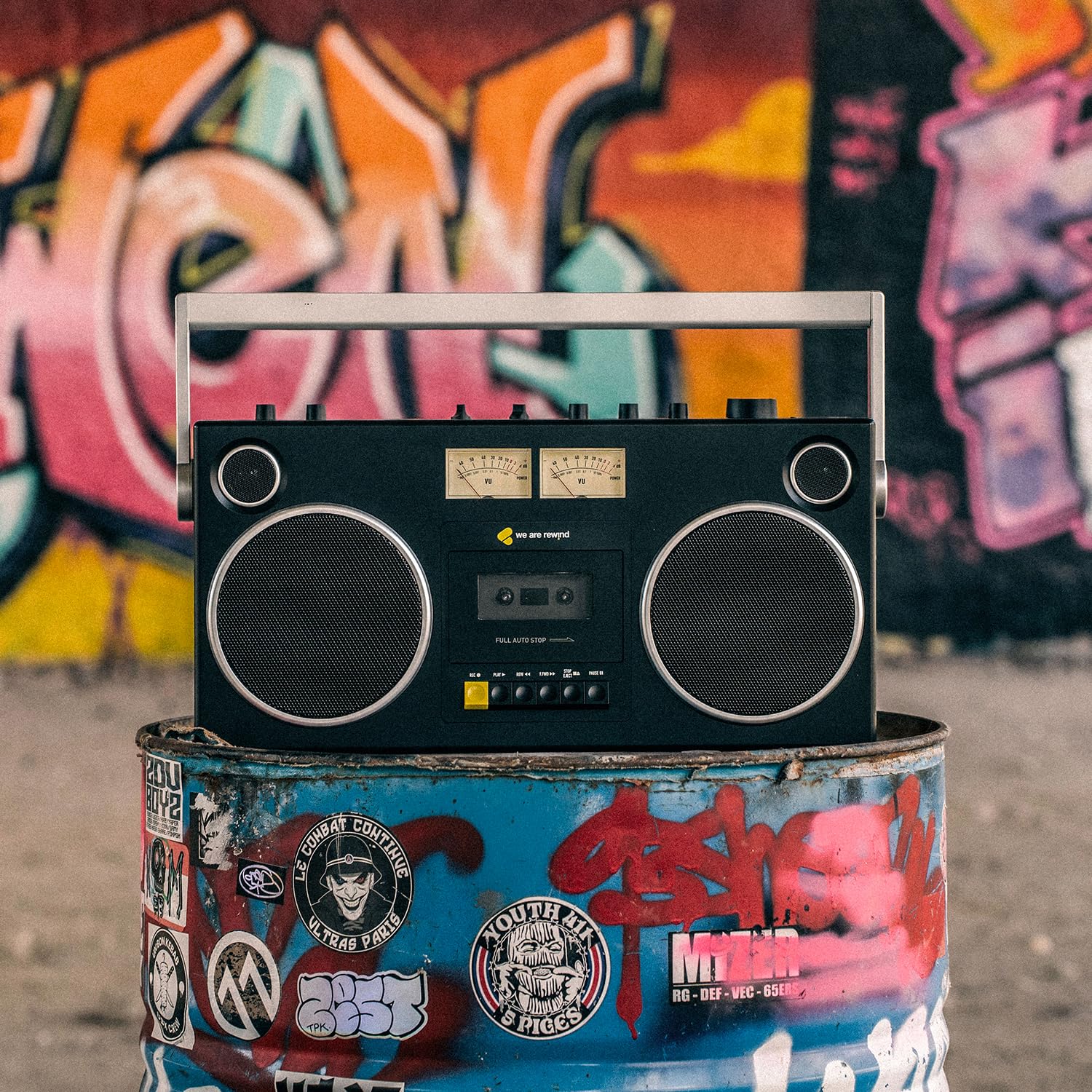We Are Rewind Retro Kassettenrekorder Curtis - Boombox mit Bluetooth 5.4 tragbarer Kassettenspieler mit Aufnahmefunktion Ghettoblaster 104 W Stereo Lautsprecher mit 15h Akku in Schwarz