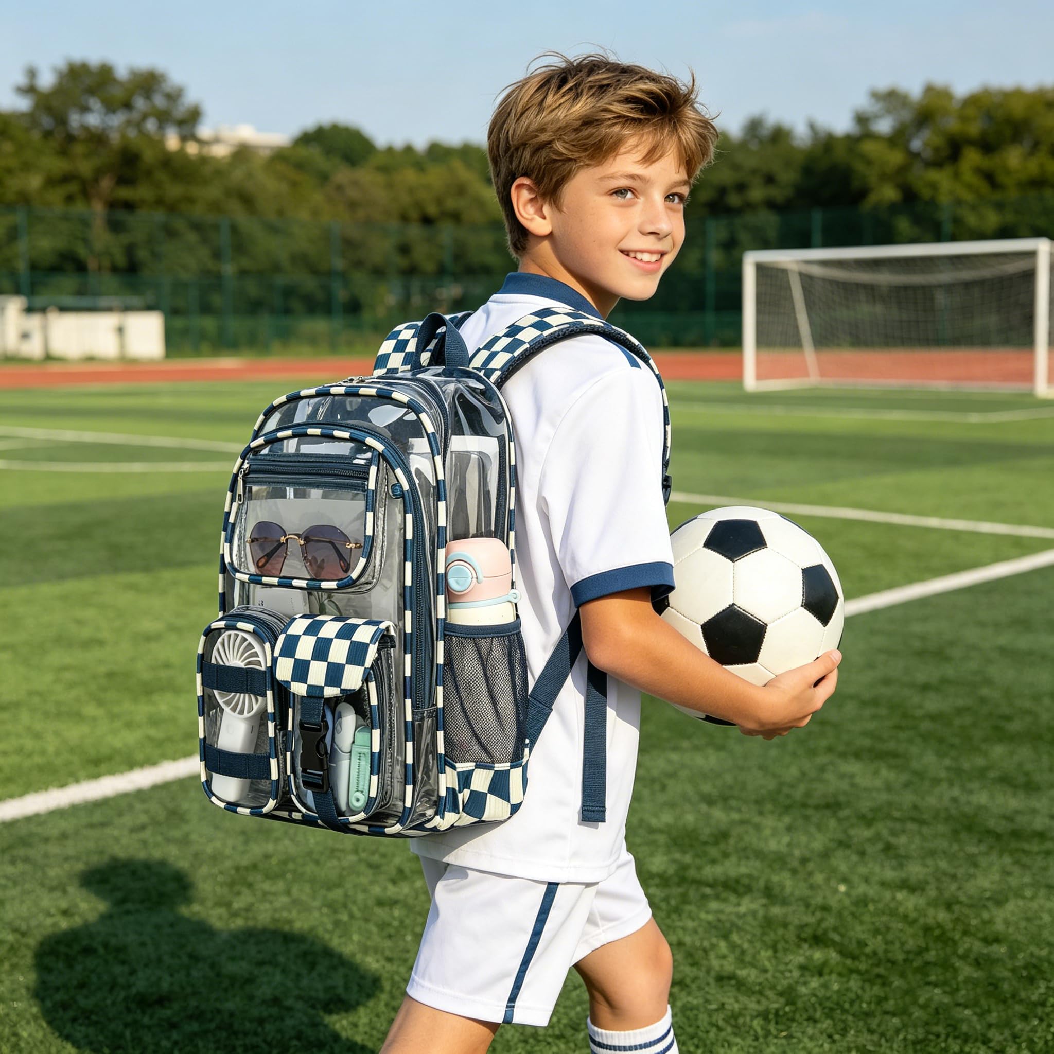 Transparenter Rucksack für Jungen und Mädchen, strapazierfähig, transparente PVC-Tasche für Schule, Reisen, Arbeit und den täglichen Gebrauch, Kariertes Marineblau, 16.5x6.30x11.80 inches