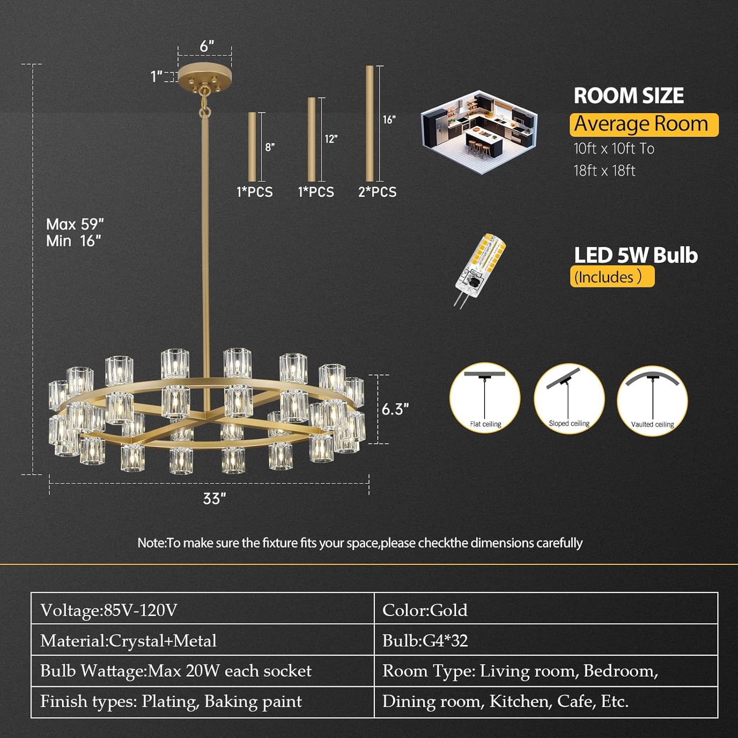 32-Lights Crystal Chandelier | Dia 33 Inch Round Chandeliers for Dining Room Over Table | Gold Dining Room Light Fixture Apply to Living Room | Foyer | Entryway | 32 X G4 Bulbs (Included)