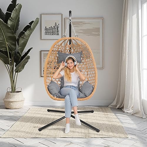 Hanging Egg Chair with Stand & Cushions - All-Weather Rattan Swing Chair for Patio, Balcony, Garden (Modern Boho Design, Ready-to-Use Indoor Outdoor)