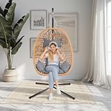 Hanging Egg Chair with Stand & Cushions - All-Weather Rattan Swing Chair for Patio&comma; Balcony&comma; Garden &lpar;Modern Boho Design&comma; Ready-to-Use Indoor Outdoor&rpar;-Grey