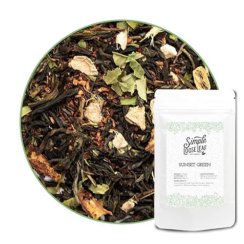 Simple Loose Leaf  Sunset Green  Té verde de hoja suelta premium (1 onza)  Bajo cafeína  Jazmín y jengibre  Empaquetado a mano en Estados Unidos disponible en Yaxa Peru