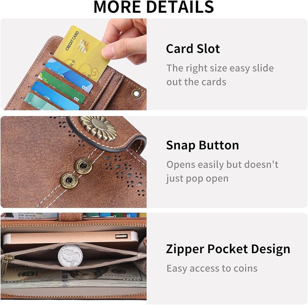 SENDEFN Wallet for Women RFID Blocking Leather Clutch Long Purse Large Capacity Credit Card Holder Wristlet