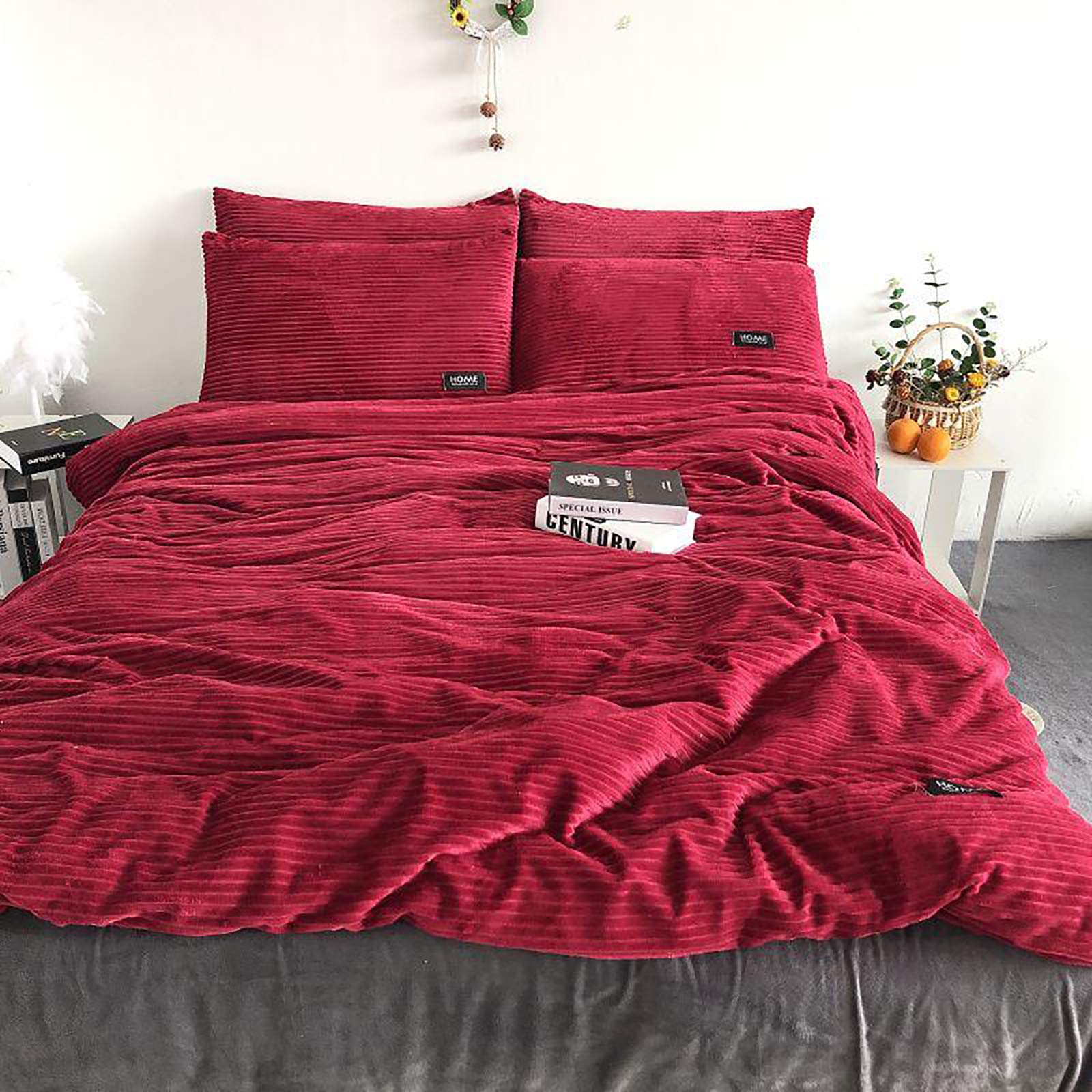 W&X Lujo Ligero Felpa Funda Nórdica con Cremallera Juego De Ropa De Cama,Suave Terciopelo Franela Funda De Edredón,Espesar Invierno Color Sólido Juego De Funda Nórdica-Rojo 220x240cm(87x94inch)