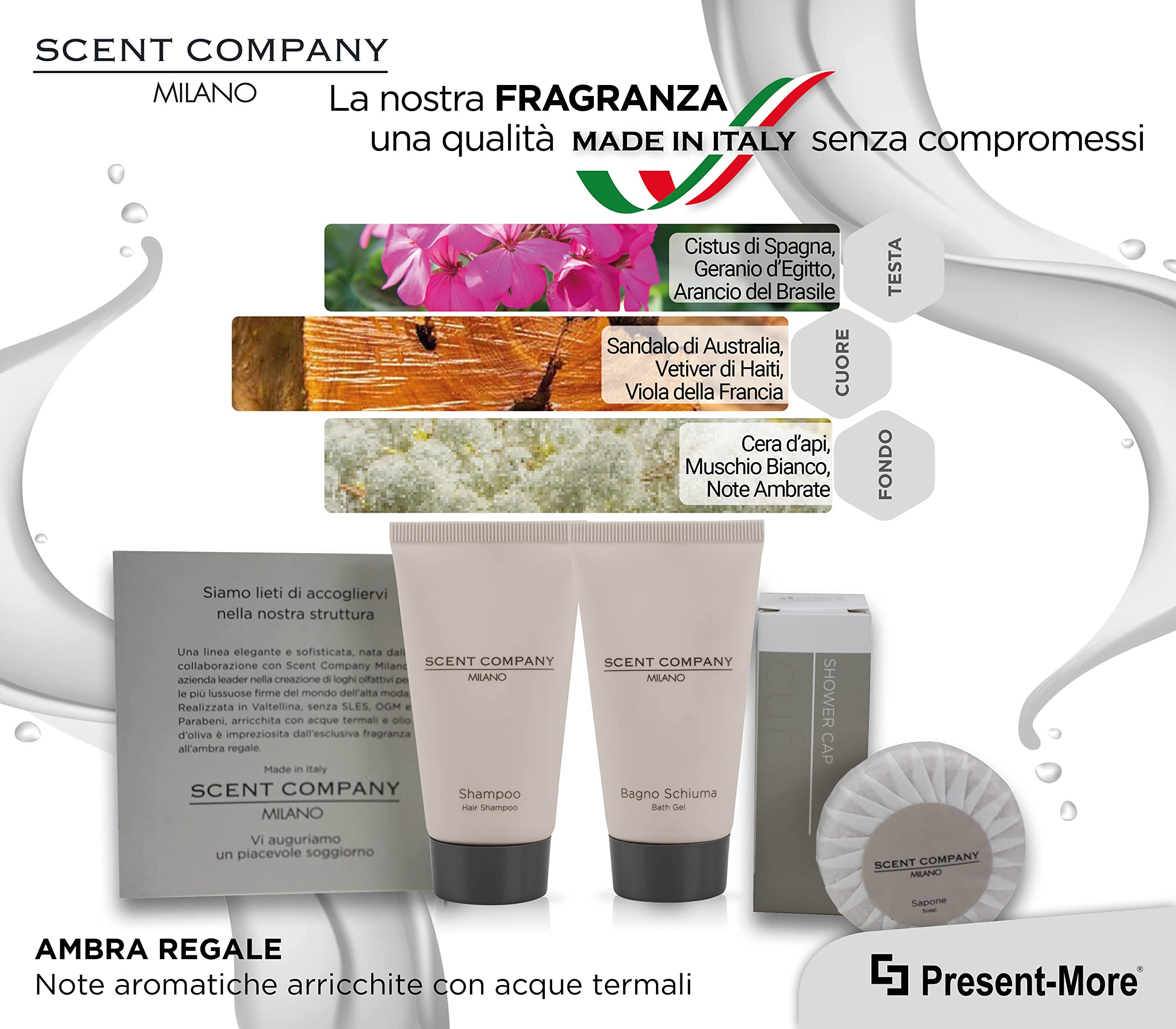 Present-More Amenities Kit Scent Company Milano - Toilettenartikel 15 Gäste für Hotels und B&B | Amenities Kit mit Duftnote Royal Amber