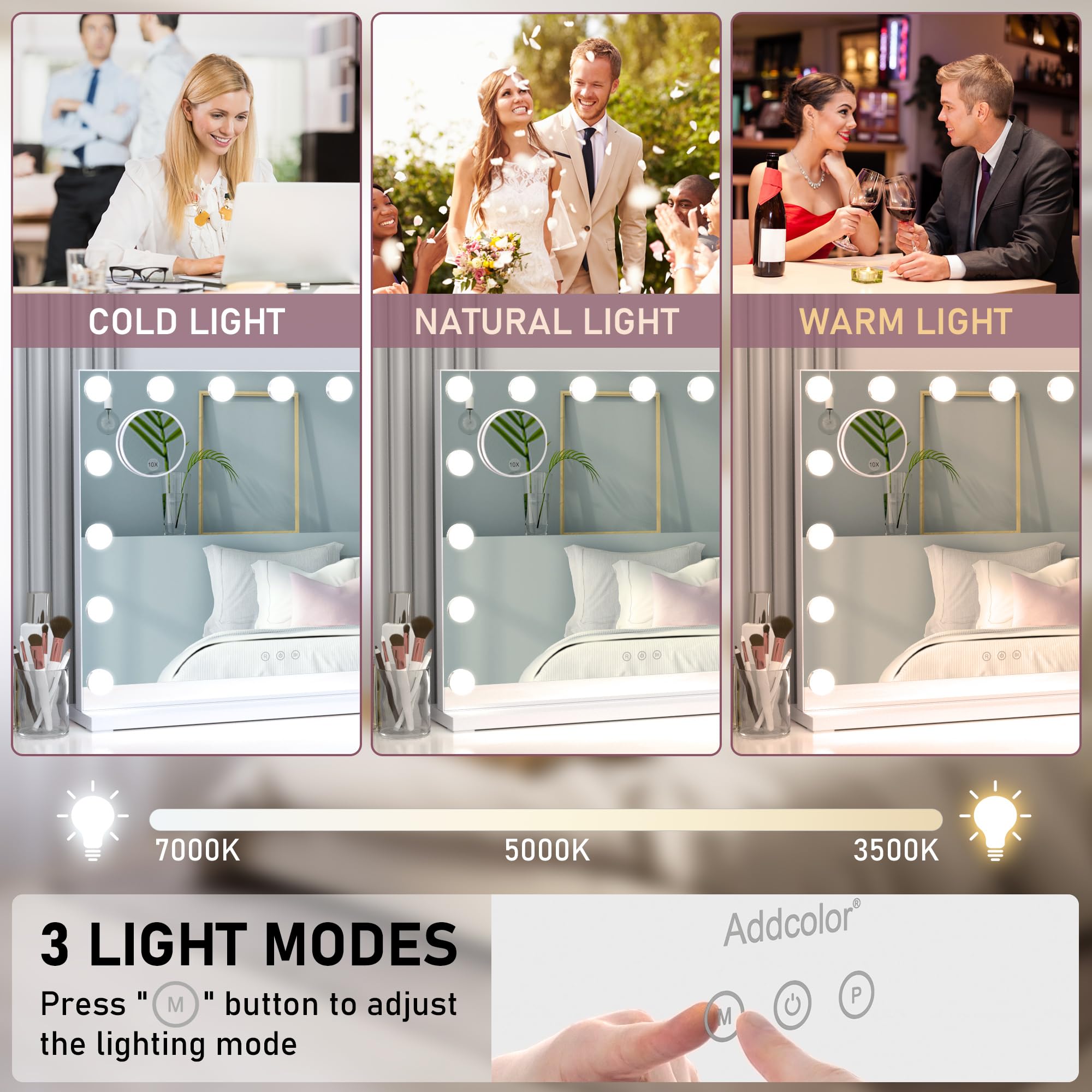 Hollywood Espejo Maquillaje con Luz, Espejo Tocador con 15 LED Bombillas y Puerto de Carga USB, 3 Modos de Iluminación Ajustables, Espejo de Pared con10X Espejo (58 x 2,8 x 46 cm)