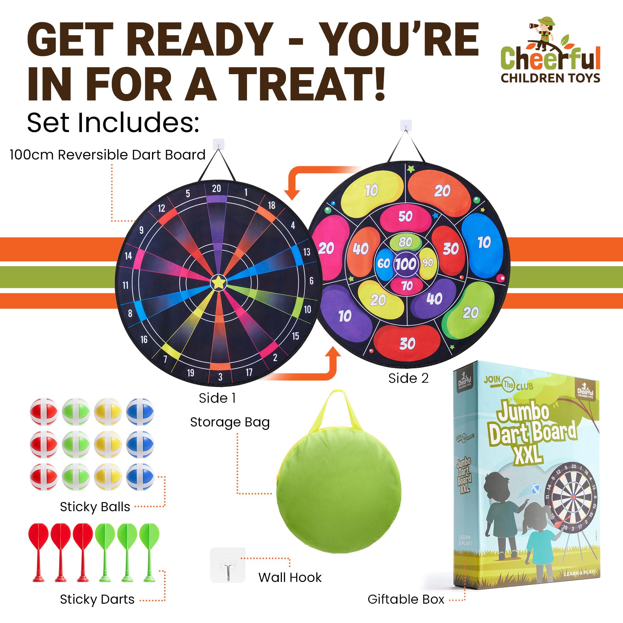 Cheerful Children Toys Jumbo Kids Dart Board Set XL or XXL, Large Dart Board with Reversible Designs - Image 3