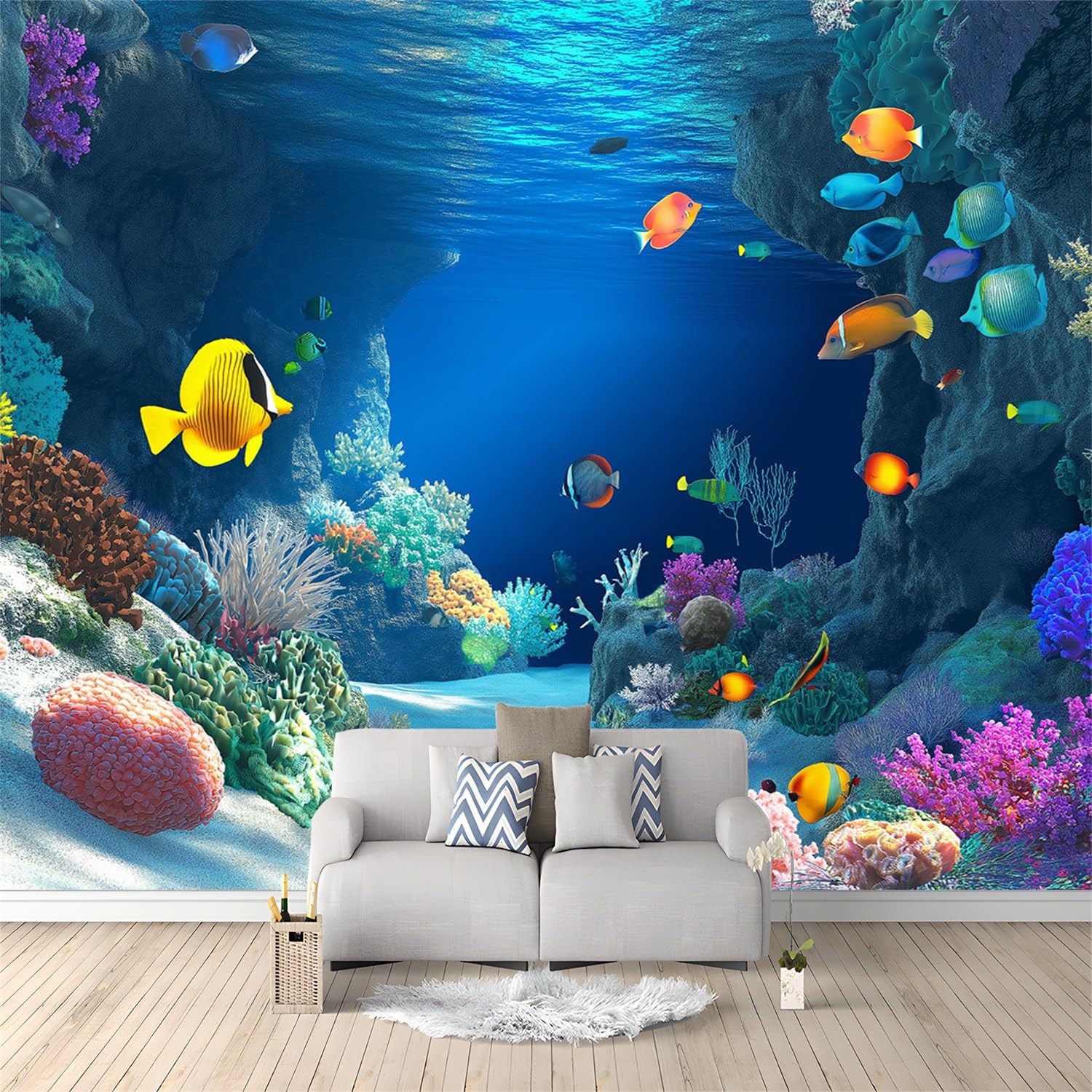 Panoramic Photo Wall Mural Underwater Scene Corals Fish Printed Non Adhesive Wallpaper, Paste Required 99" x 69"/250 x 175 cm(WxH) Multi Section Wall Art Wallpaper for Home Decoration Colorful