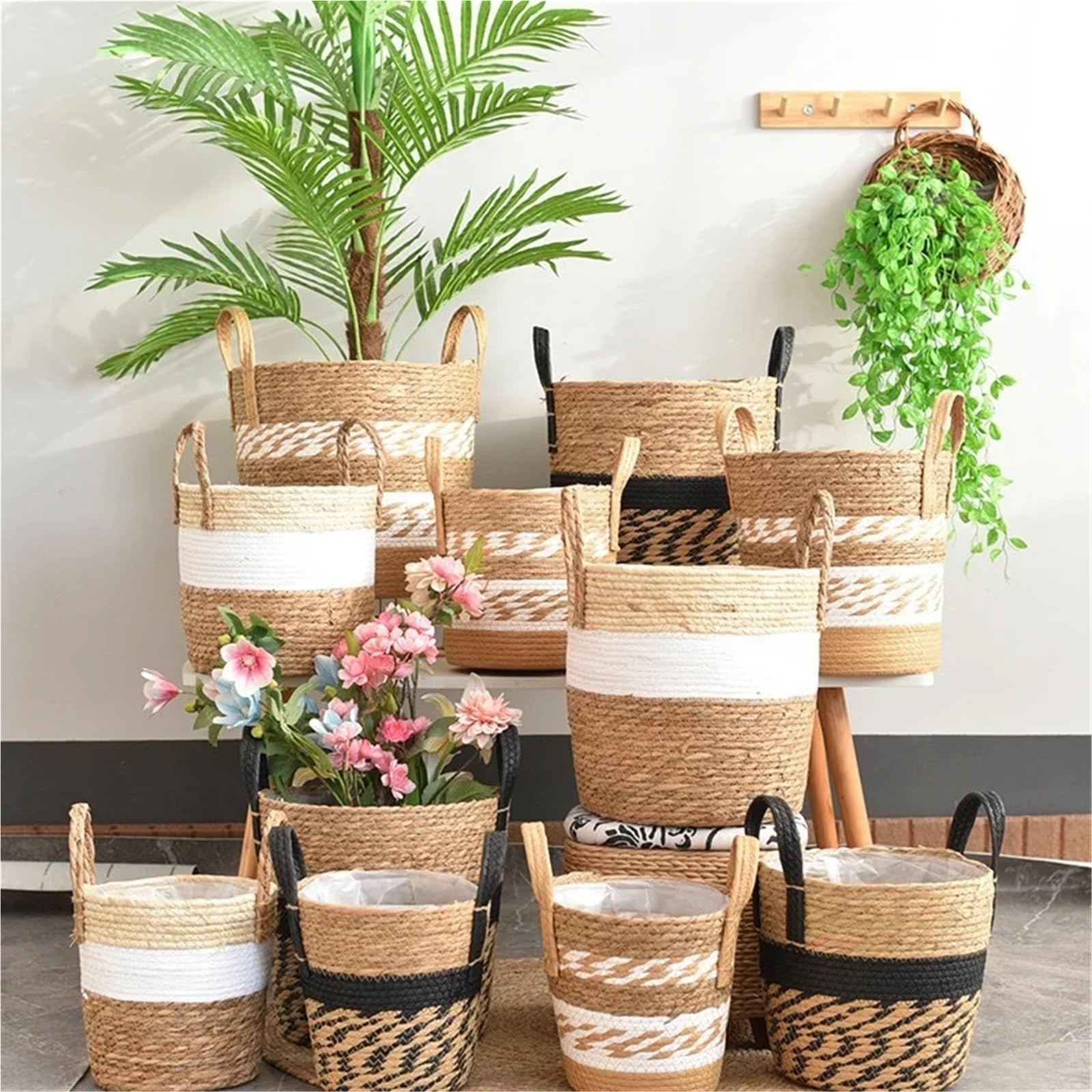 Cache Pot en Osier Panier de jardinière Fantaisie en Osier, Pot de Fleur, décoration de Maison, Jardin en Bambou, paniers de Rangement en jonc de mer, Porte-Jouets 3 pièces(Fancy 22CM)