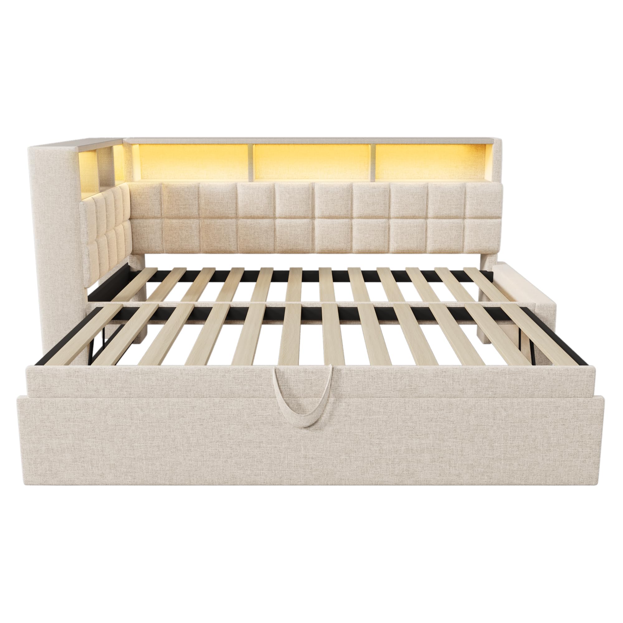 Cama tapizada de 90 x 200 cm, cama de día con cama nido, sofá cama con LED y puerto de carga USB y tipo C, altavoz Bluetooth, cabecero en L con estante de almacenamiento, lino, sin colchón