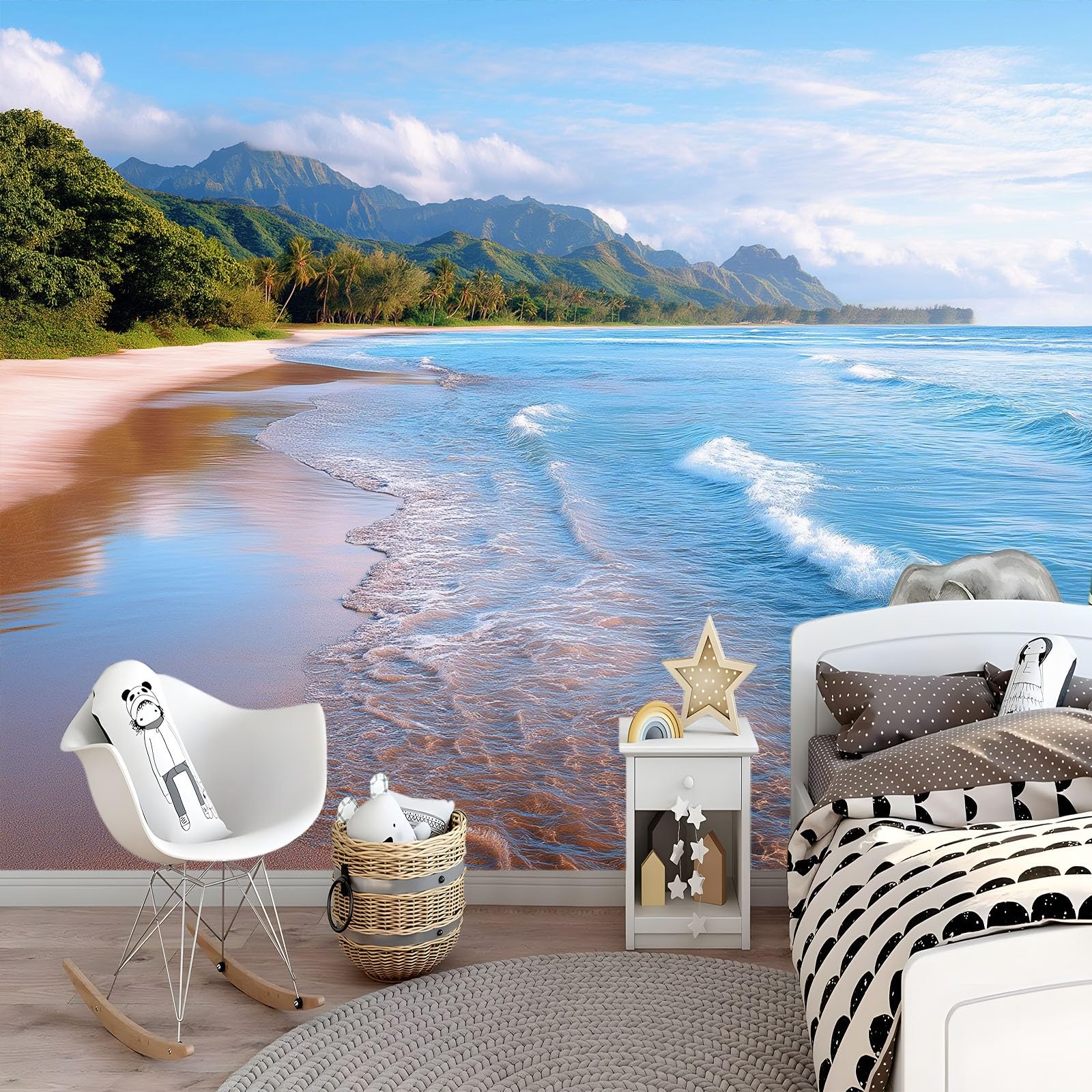 Générique Panoramiczna tapeta natura wybrzeże góry mgła kokosowy gaj 3D 300 x 210 cm, włóknina XXL nowoczesna dekoracja ścienna salon sypialnia biuro pokój dziecięcy, wielokolorowa