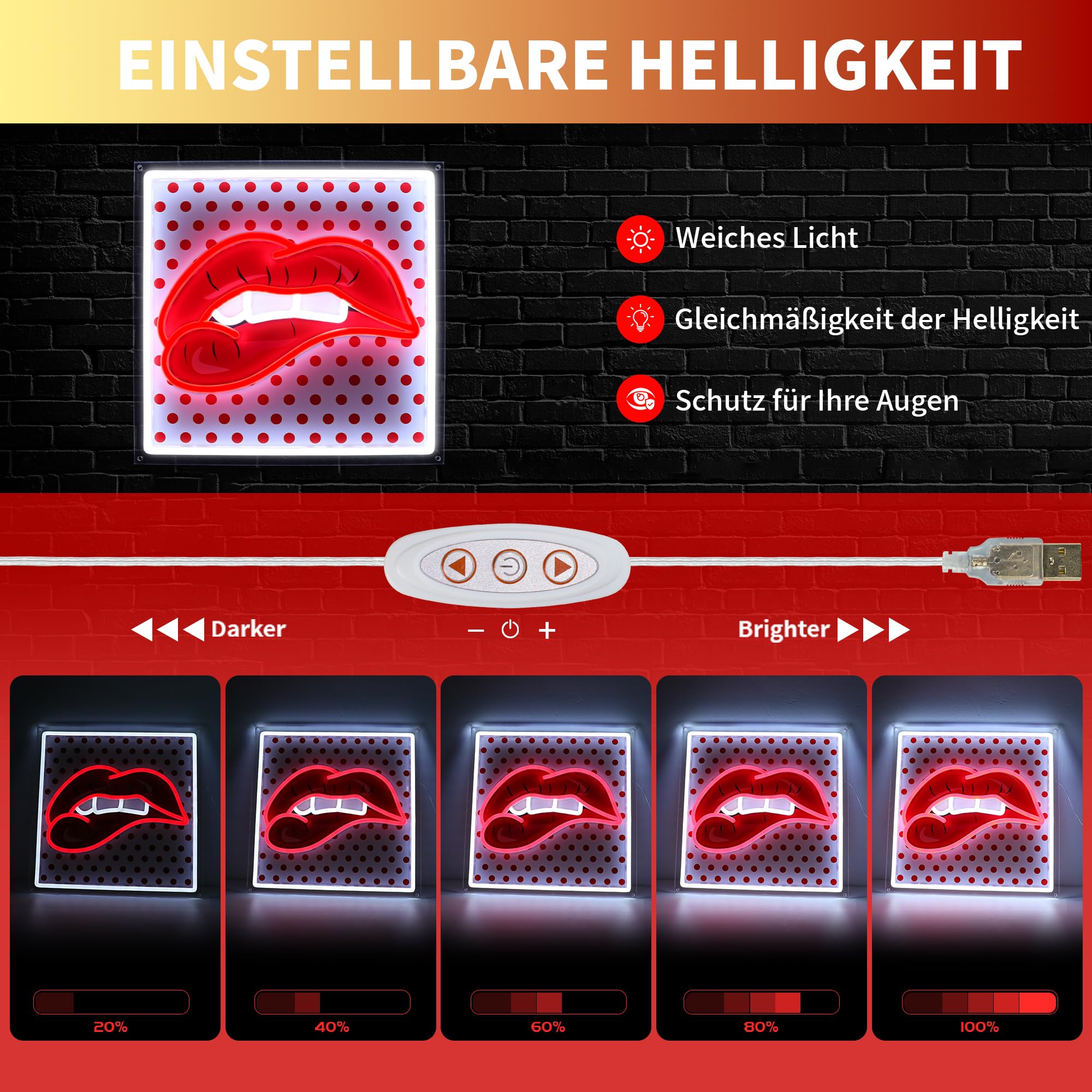 Segno al Neon Labbra Rosse, Luce LED con Stampa UV Regolabile, Luci al Neon Cool e Sexy per Camera da Letto, Decorazione da Parete LED per Bar, Festa, Regali alla Moda per Ragazze