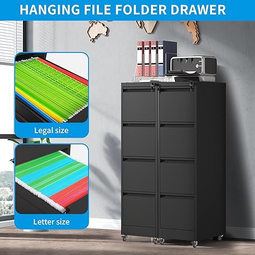 Miniatura 5 de EKJ Archivador móvil de 3 cajones, archivadores de metal negro para debajo del escritorio con ruedas, archivador vertical delgado para oficina en