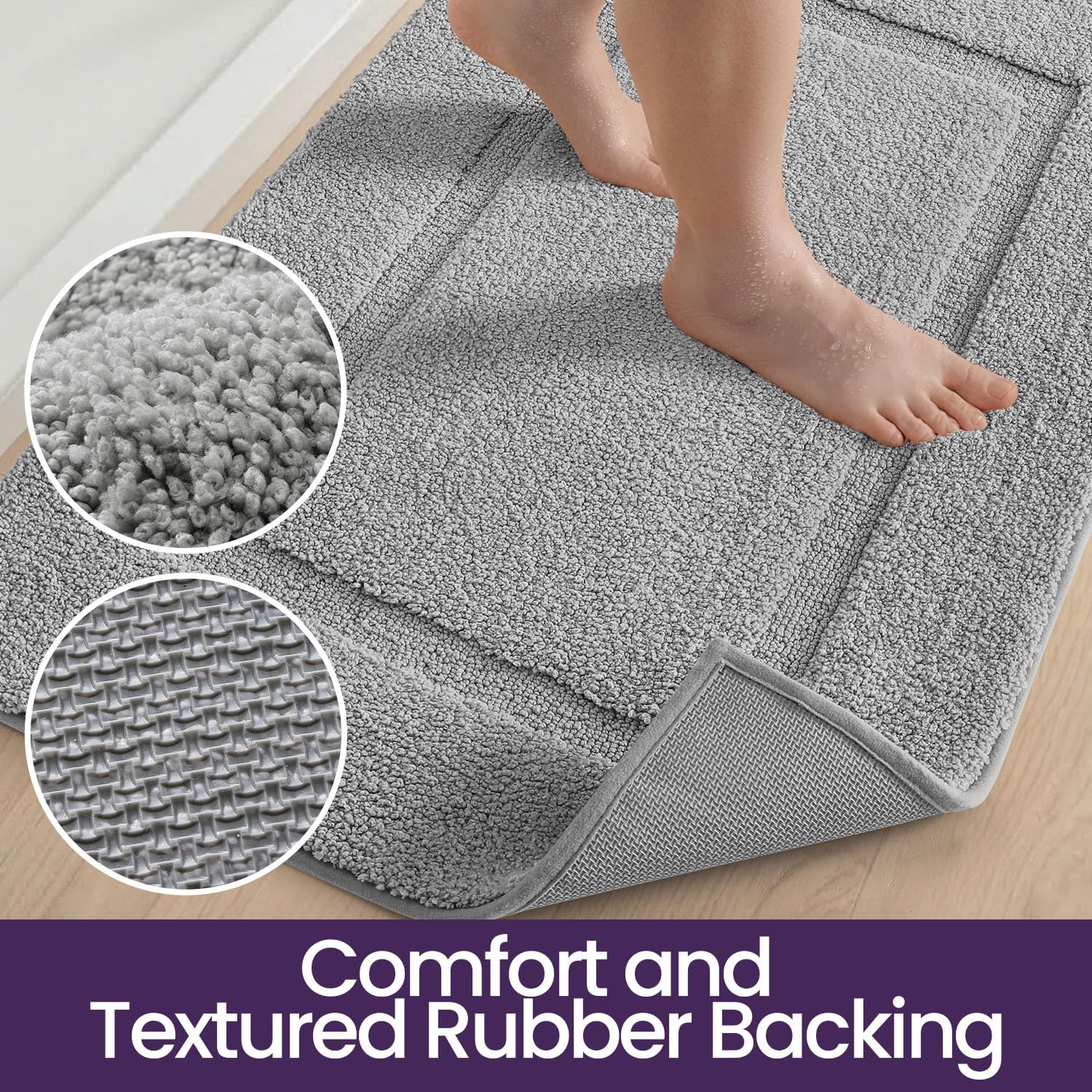DEXI Tapis de salle de bain ultra absorbant, doux, lavable en machine, antidérapant, pour sol de salle de bain, baignoire, salle de douche, 91,4 x 61 cm, gris clair