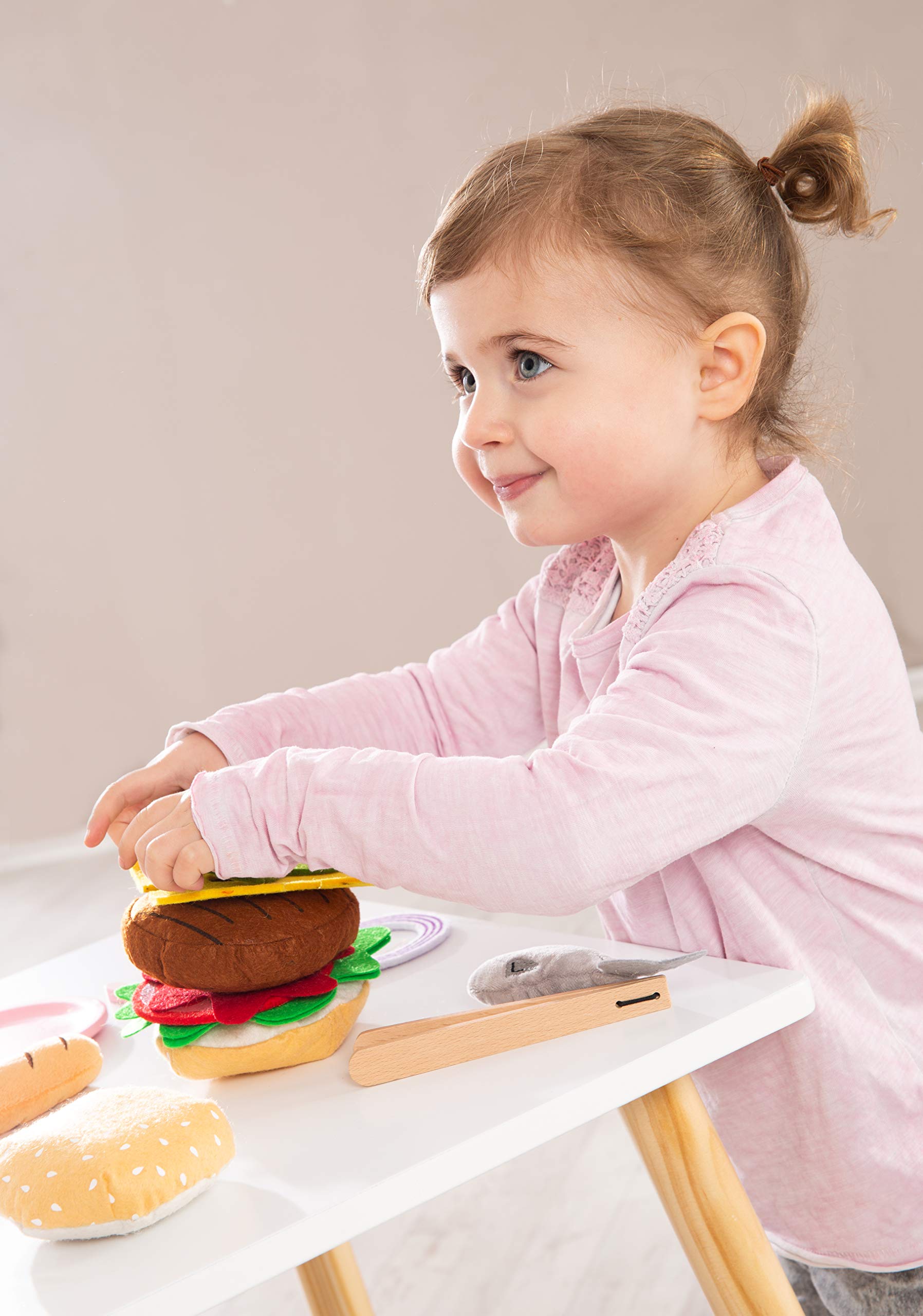 roba Jouet Barbecue en Bois pour Enfant - Cuisine Extérieure + 14 Pièces d'Accessoires et Ingrédients Burger en Peluche