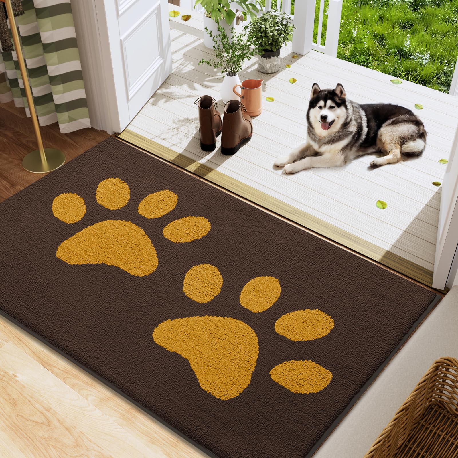 Buganda Dog Door Mat for Muddy Paws, Absorbent Dirt Trapper Washable Indoor Doormats, Non Slip Low-Profile Mud Mat for Dogs, Front Entrance Doormat