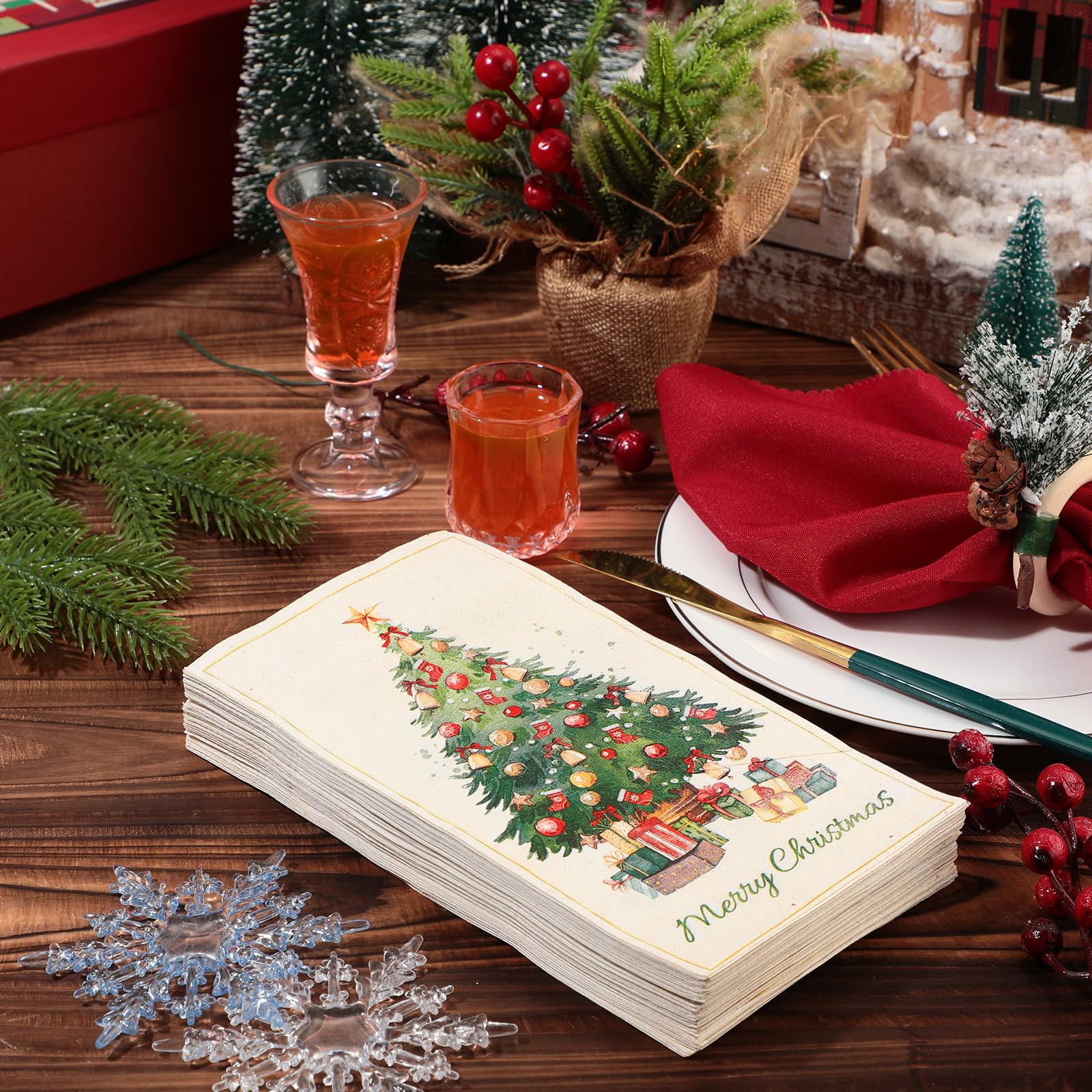 Ctosree Paquete de 200 servilletas de Navidad desechables de 2 capas para árbol de Navidad, toallas de mano de papel para baño, decorativas, vacaciones, fiesta de Navidad (estilo lindo, 4.3 x 7.9