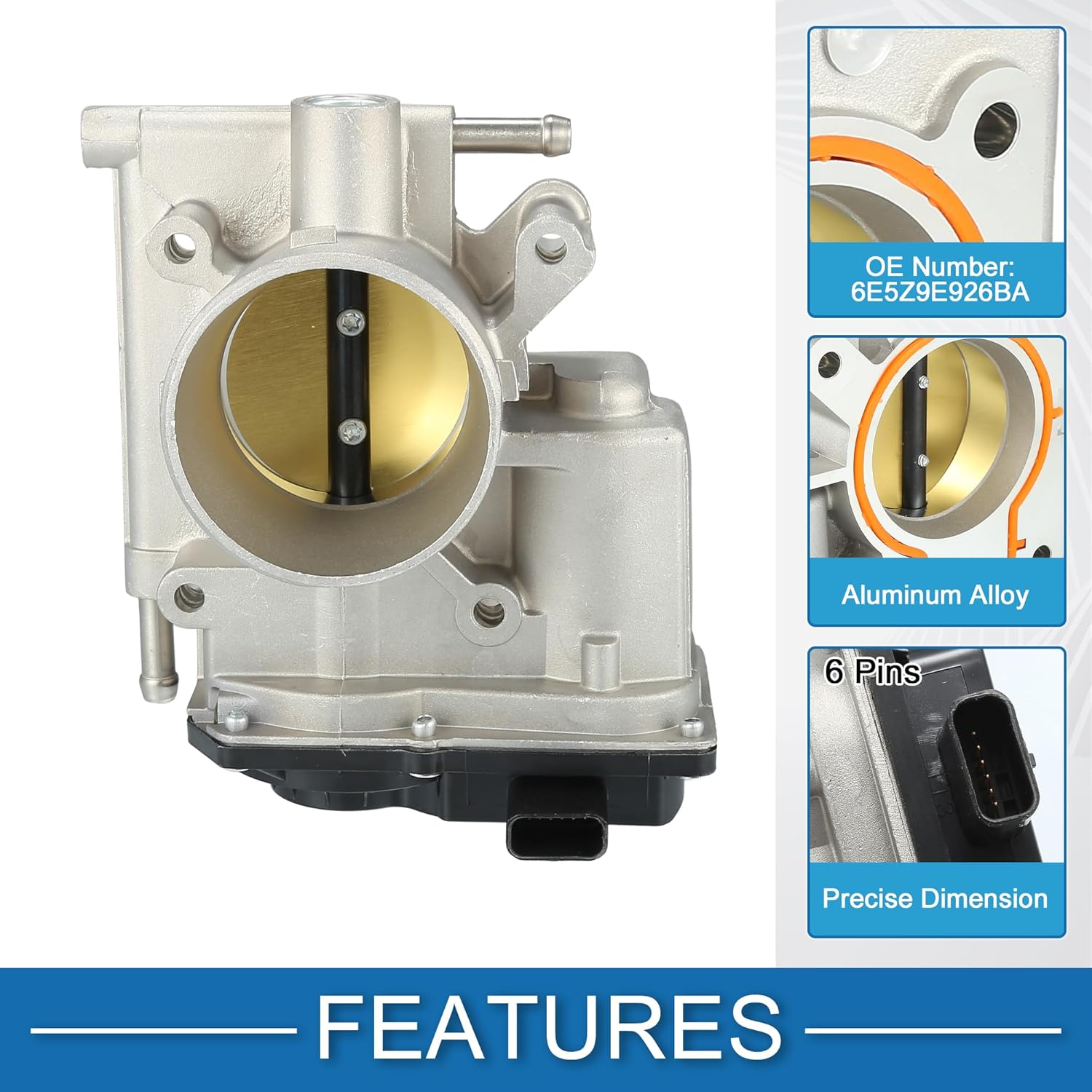Throttle Body Assembly No.6E5Z-9E926-BA Throttle Body Actuator for Ford Fusion 2.3L L4 - Gas 2006-2009 Aluminum Alloy Silver Tone