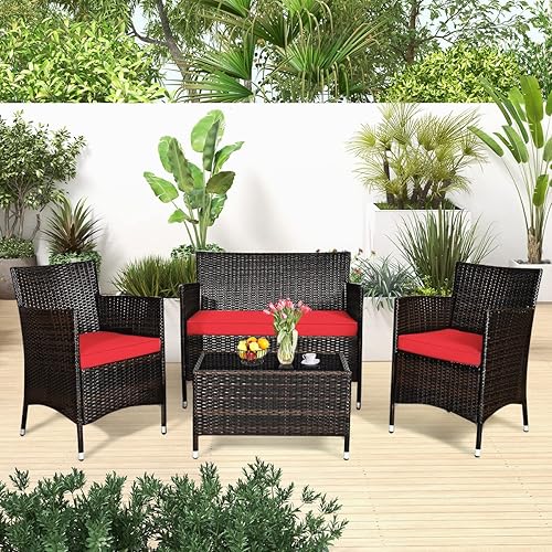 Miniatura 8 de GLACER Juego de 4 piezas de mimbre para conversación, juego de muebles de patio con cojín de alta elasticidad y mesa central de vidrio templado,