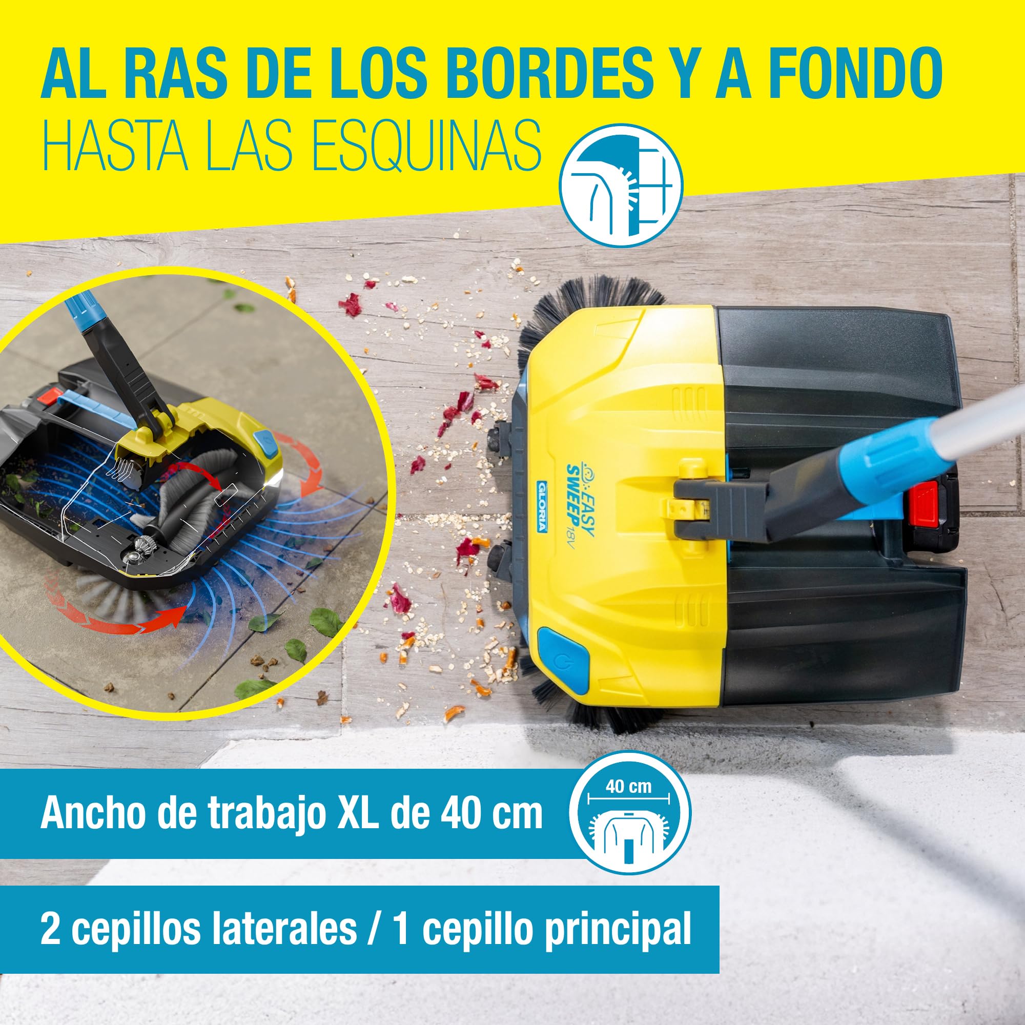 GLORIA Barredora de batería EasySweep 18V | Escoba eléctrica inalámbrica para interior y exterior | Entradas, aceras, terrazas, garajes y hojas | Compatible con Batería BOSCH 18V (no incluida)