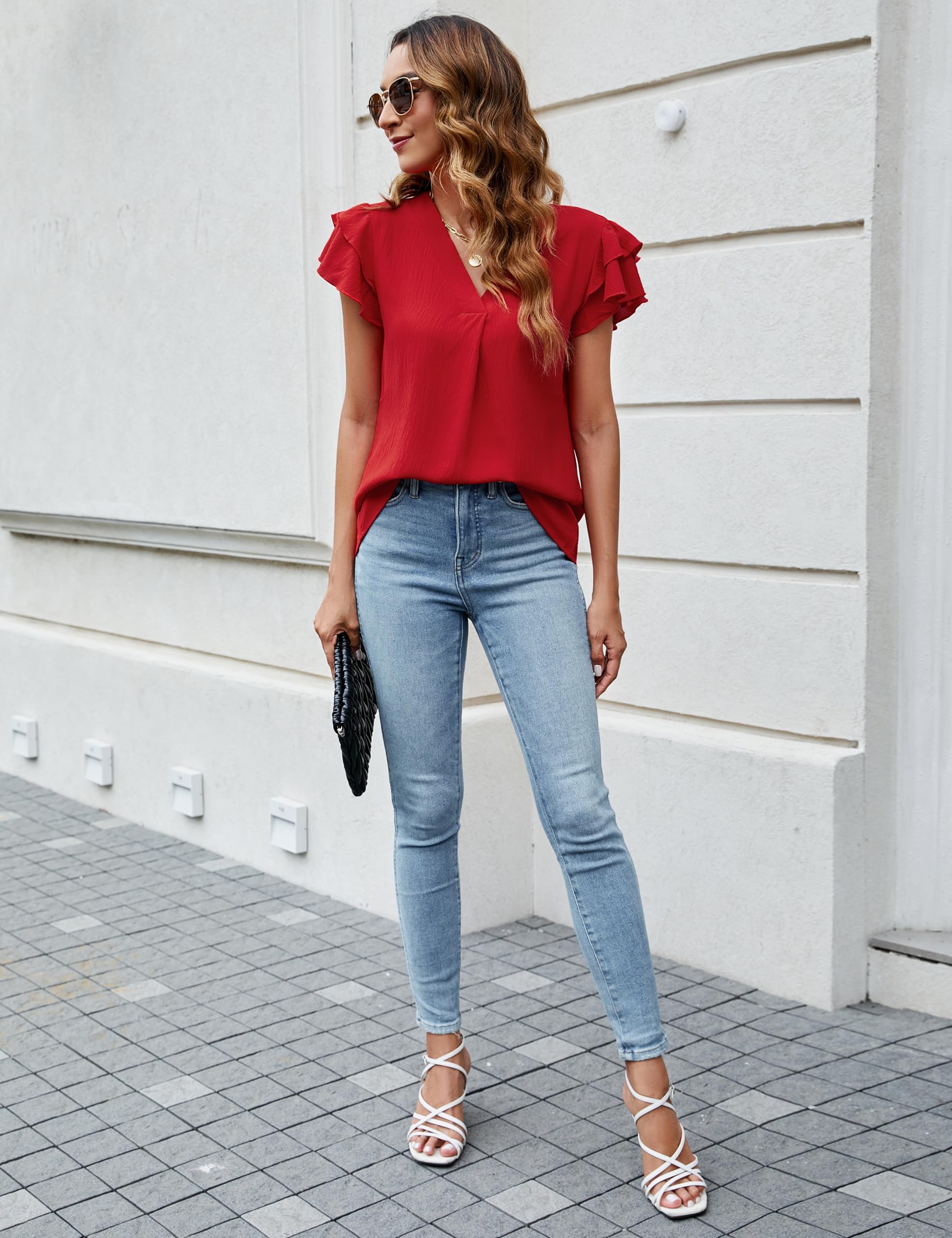 Camicetta da donna in chiffon, estiva, a maniche corte, con scollo a V, casual, elegante, da lavoro