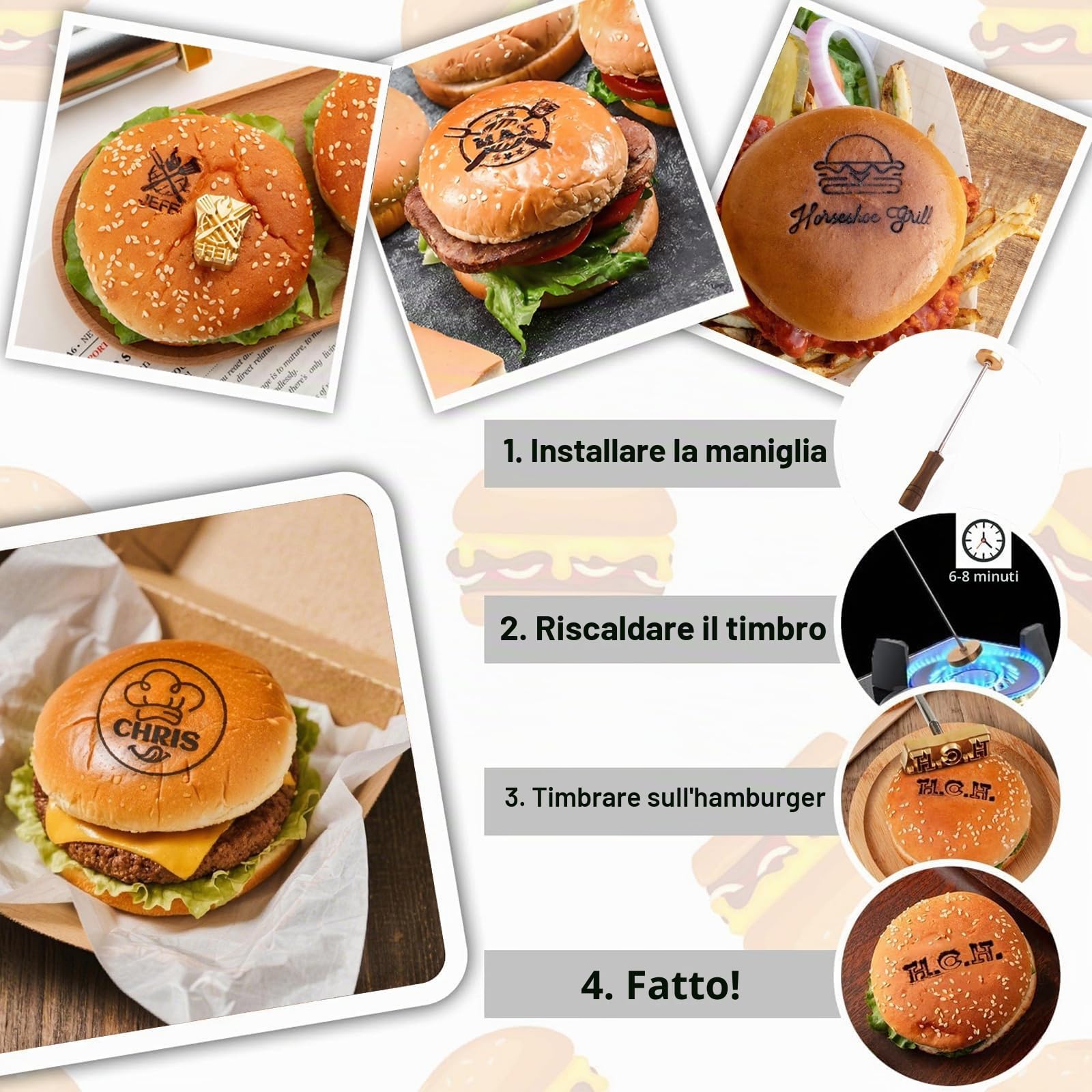 Ferro da stiro personalizzato per hamburger Logo personalizzato per pelle di legno, barbecue, cocco, bistecca (2.54cm)