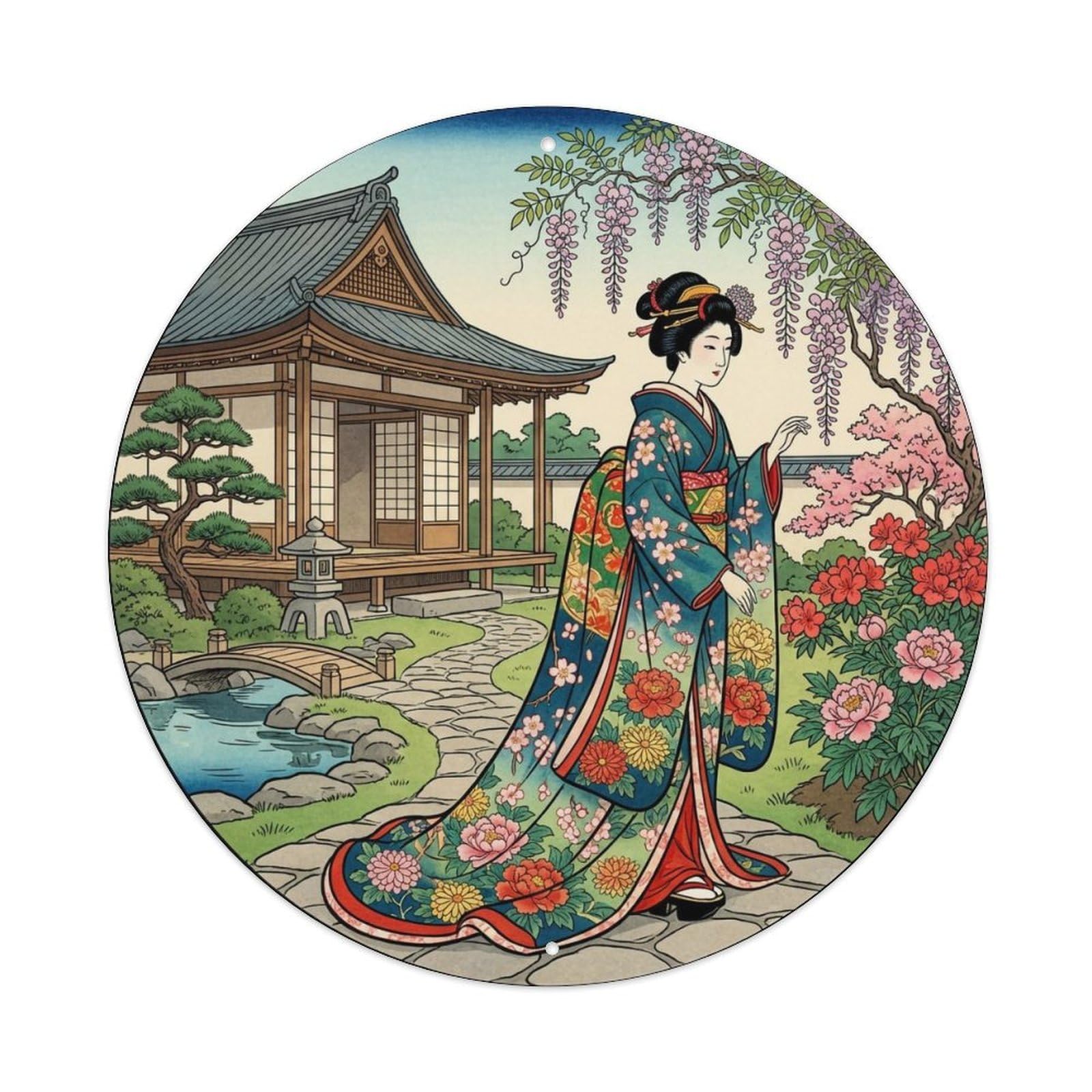 Yrnq 8X8inch Vintage Style Japanese Geisha Garden Flower Viewing Heritage Scene Metal Tin Sign