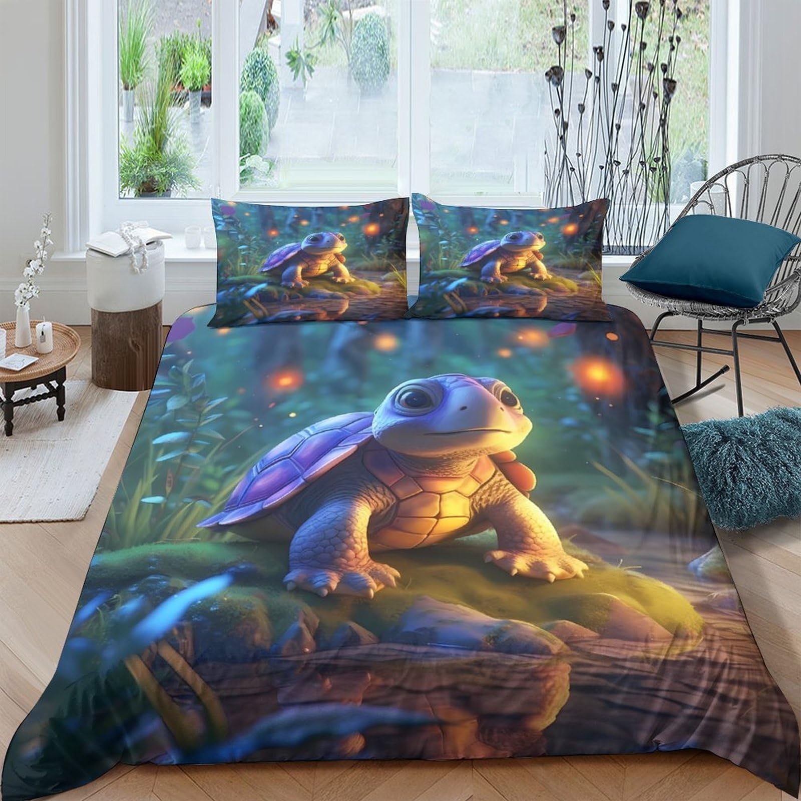 Ctjqhvkz Style-4 3D Printed Fantasy Turtle Forest Fitted Sheet Microfiber Soft Breathable Firefly Bed Cover For Bedroom Decor Single（135X200cm）