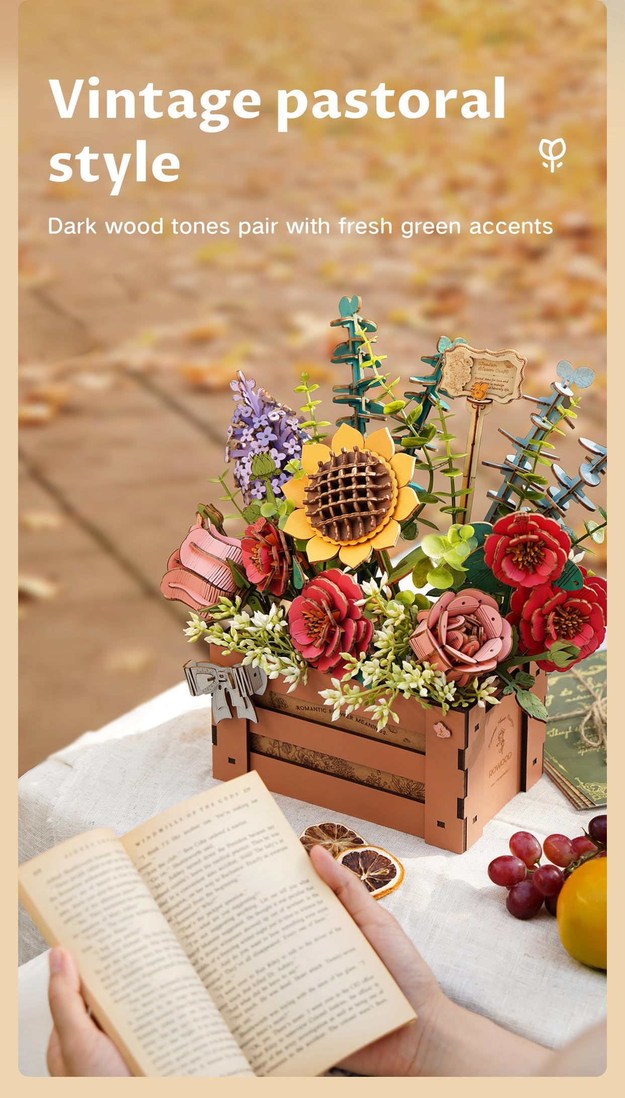 Rowood Wooden Flower Bloom Box Building Set,DIY 3D Wooden Puzzles