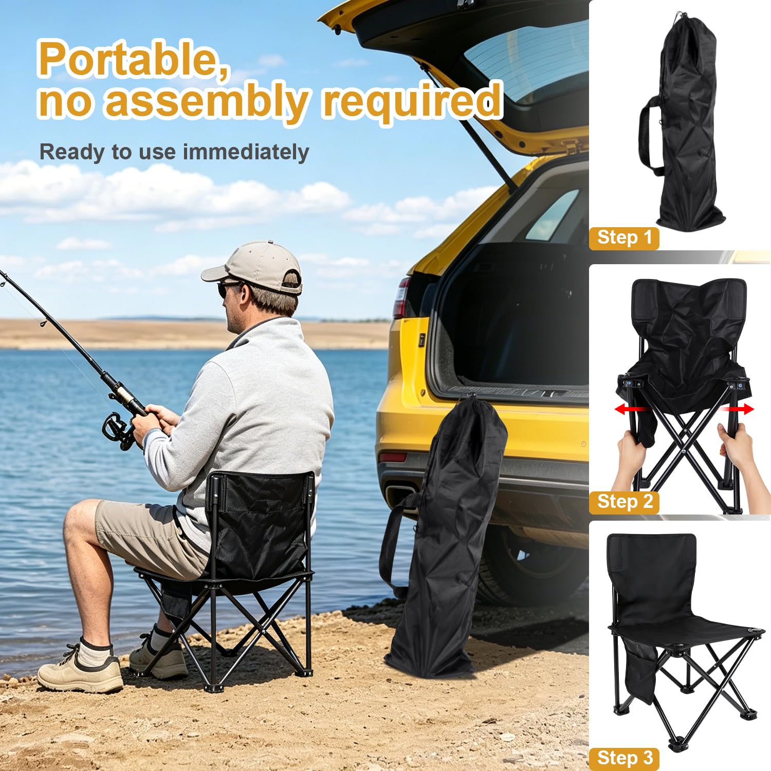 ENUTROF Sedia da Campeggio Portatile Sgabello Pieghevole Sedie da Pesca Fino a 150kg per la Pesca Giardinaggio il Campeggio Viaggi Picnic Spiaggia (Nero-3)