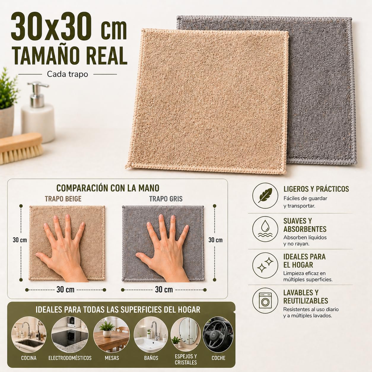 Tapis de cuisine lavable antidérapant - Lot de 2 tapis de cuisine et 2 chiffons en microfibre - Design effet lin - Résistant aux liquides (150 x 45 et 50 x 45 cm)