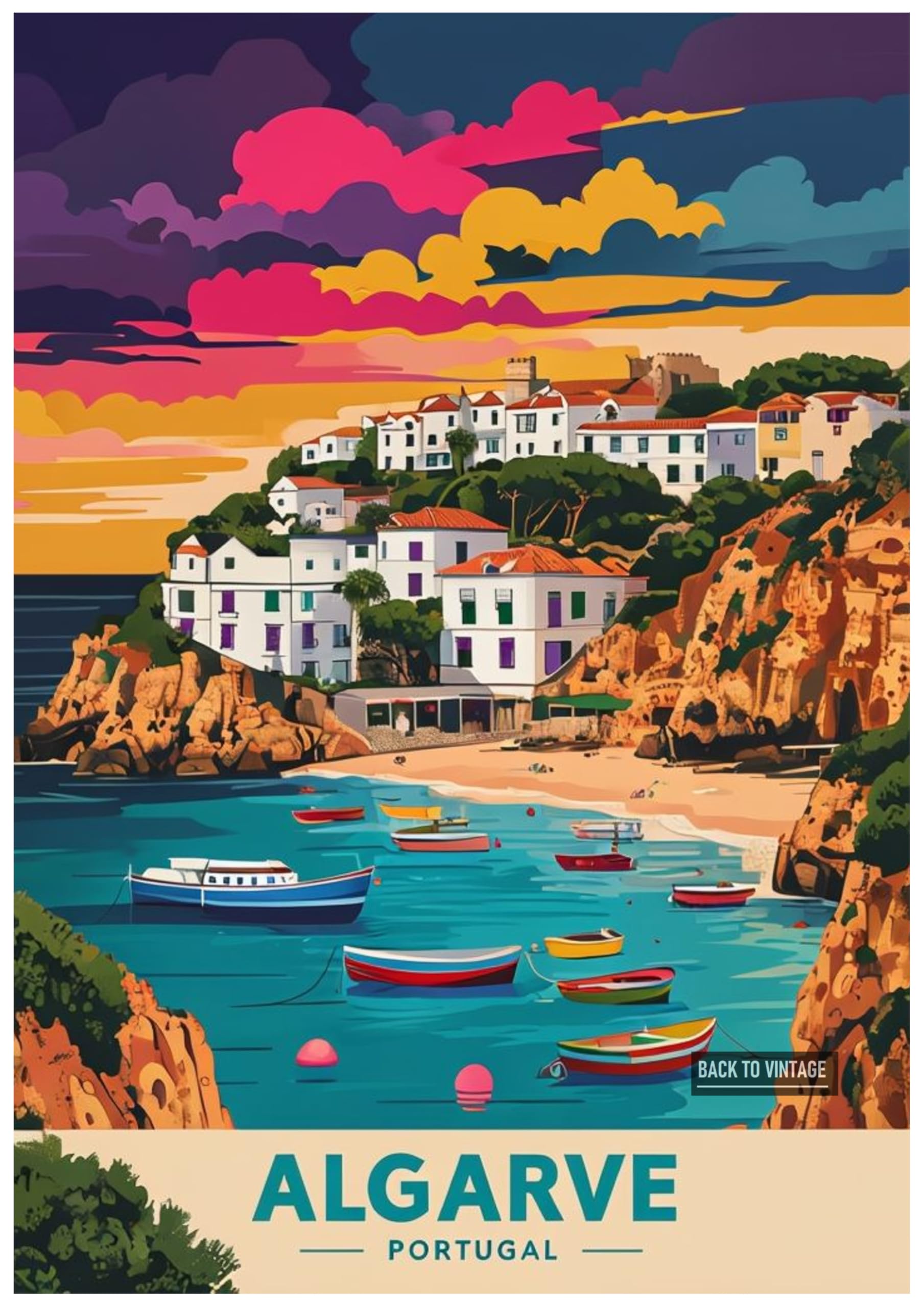 Back To Vintage Multicoloured Vibrant Coastal Scene Illustration Depicting Algarve Portugal - Retro Europe Travel Poster A4 Size Vintage Wall Art Print Of Famous European Destinations Ideal For Home Or Office Decor