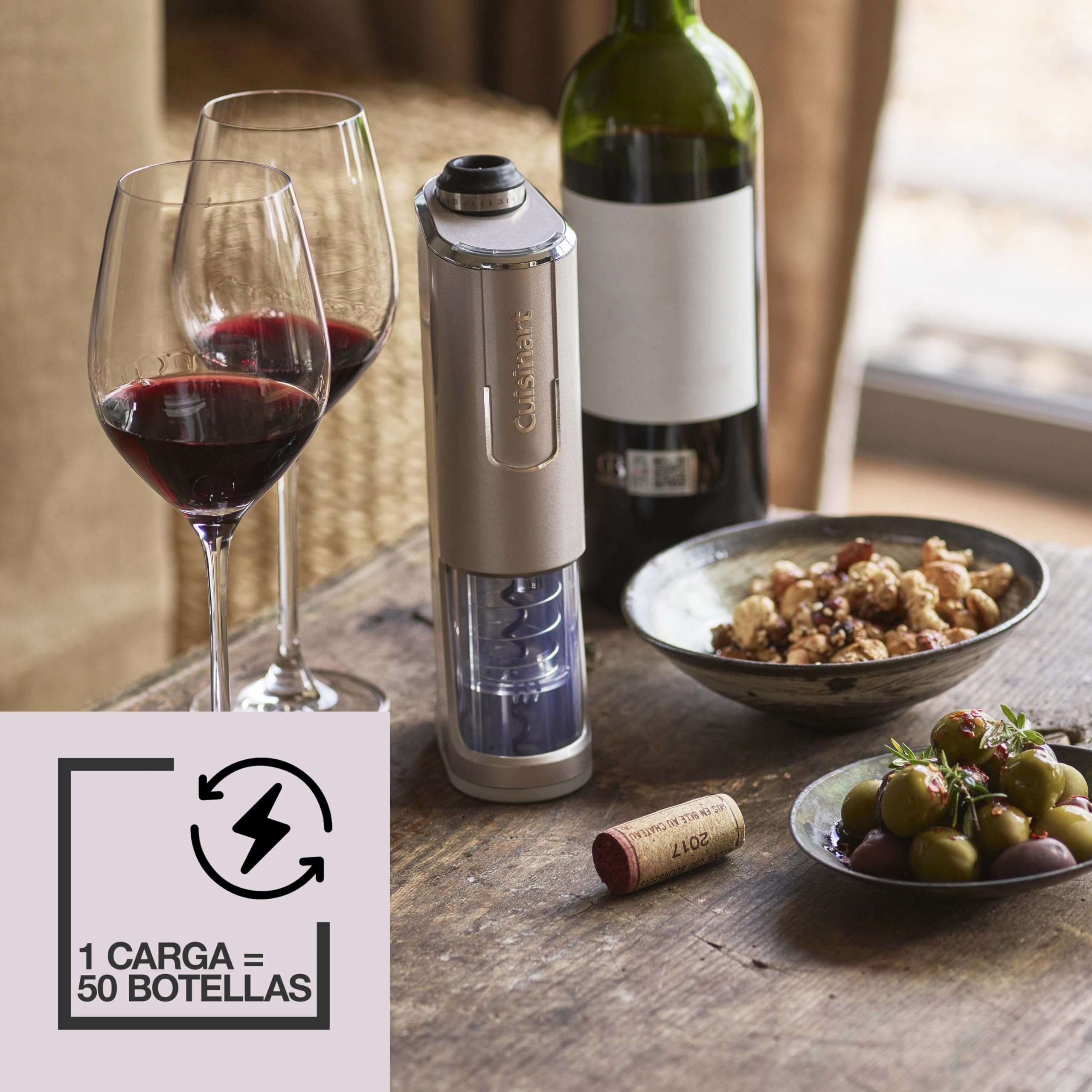 Cuisinart Abridor de Vino Inalámbrico con Sellador de Vacío | Abridor de botellas con tapón de corcho | hasta 50 botellas | Cortador de papel de aluminio integrado | Regalo para amantes del vino