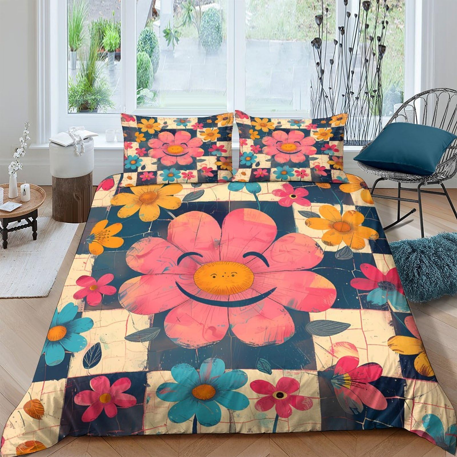 Ctjqhvkz Style-6 3D Printed Smiling Flower Fitted Sheet Microfiber Soft Colorful Cartoon Floral Bed Cover For Bedroom Guest Room Decor Single（135X200cm）