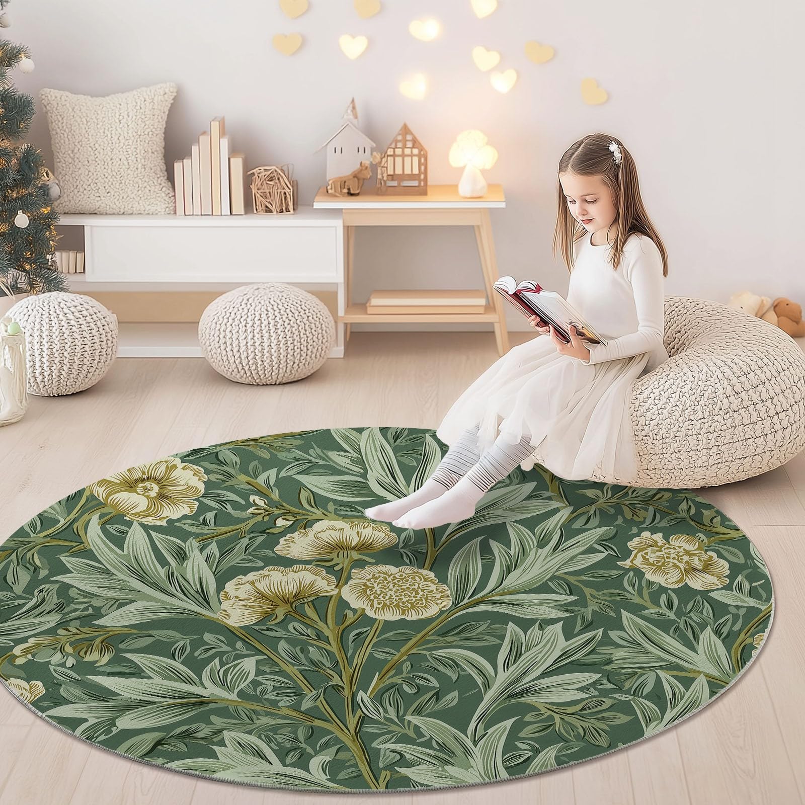 Salbeigrün Rund Teppich Wohnzimmer, William Morris Pflanzen Blumen, 160 cm Großer Weich Kurzflor Teppich Waschbar rutschfest für Esszimmer Küchen Schlafzimmer Studie Heimbüro