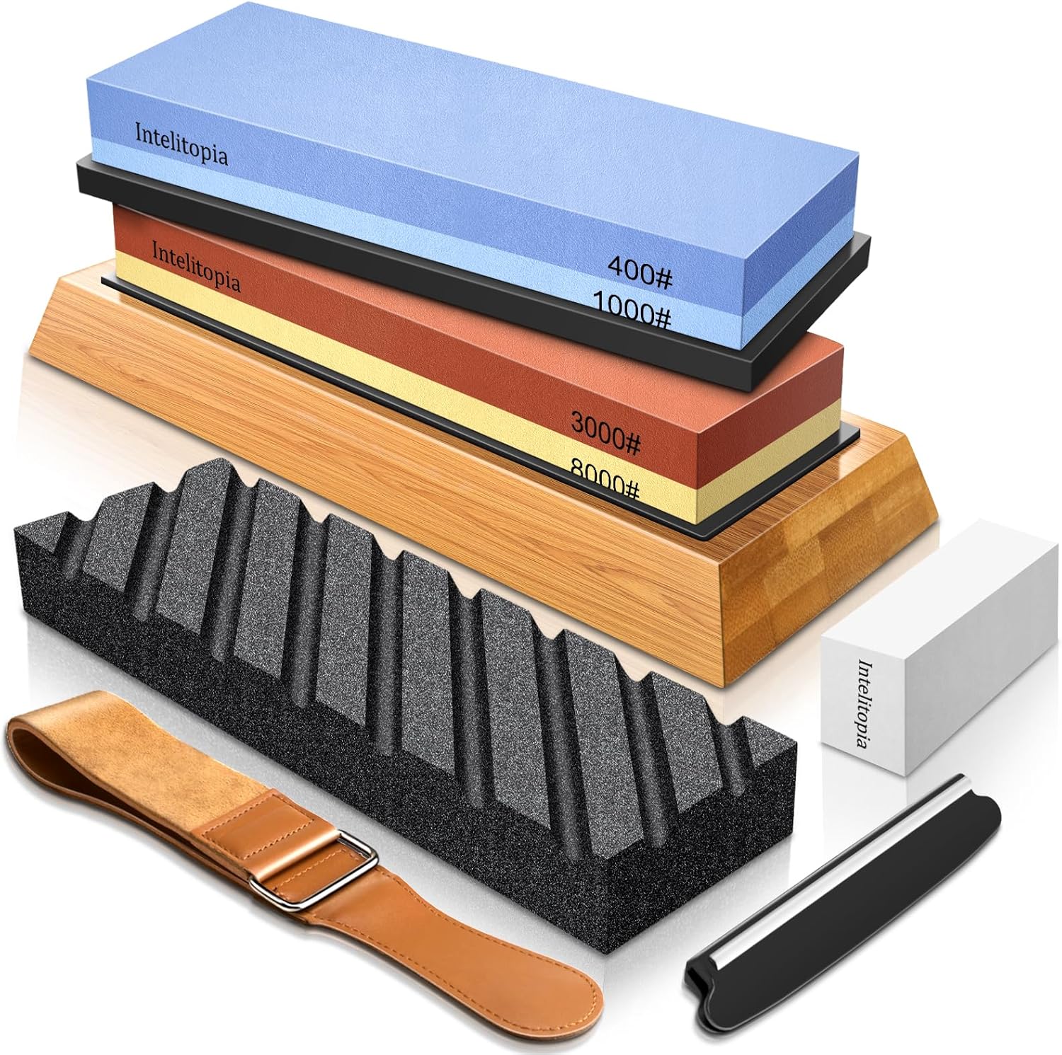 Intelitopia Complete Knife Sharpening Stone Set – Dual Grit Whetstone 400/1000 3000/8000 Knife Sharpener with Leather Strop