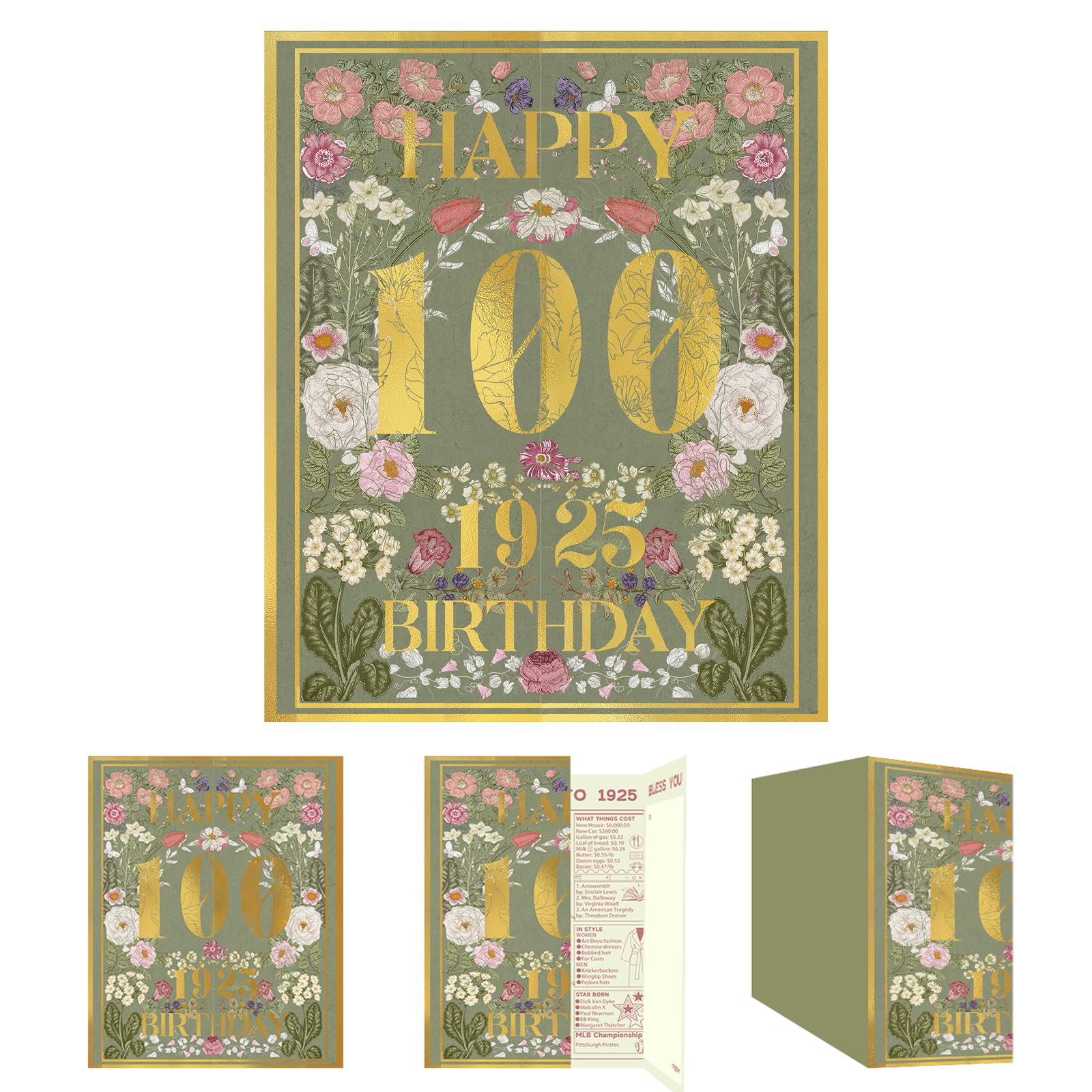 qiqee 2025 100th Birthday Greeting Card, 100 Years Old Birthday Gift Card,Memory Back In 1925（Envelope）